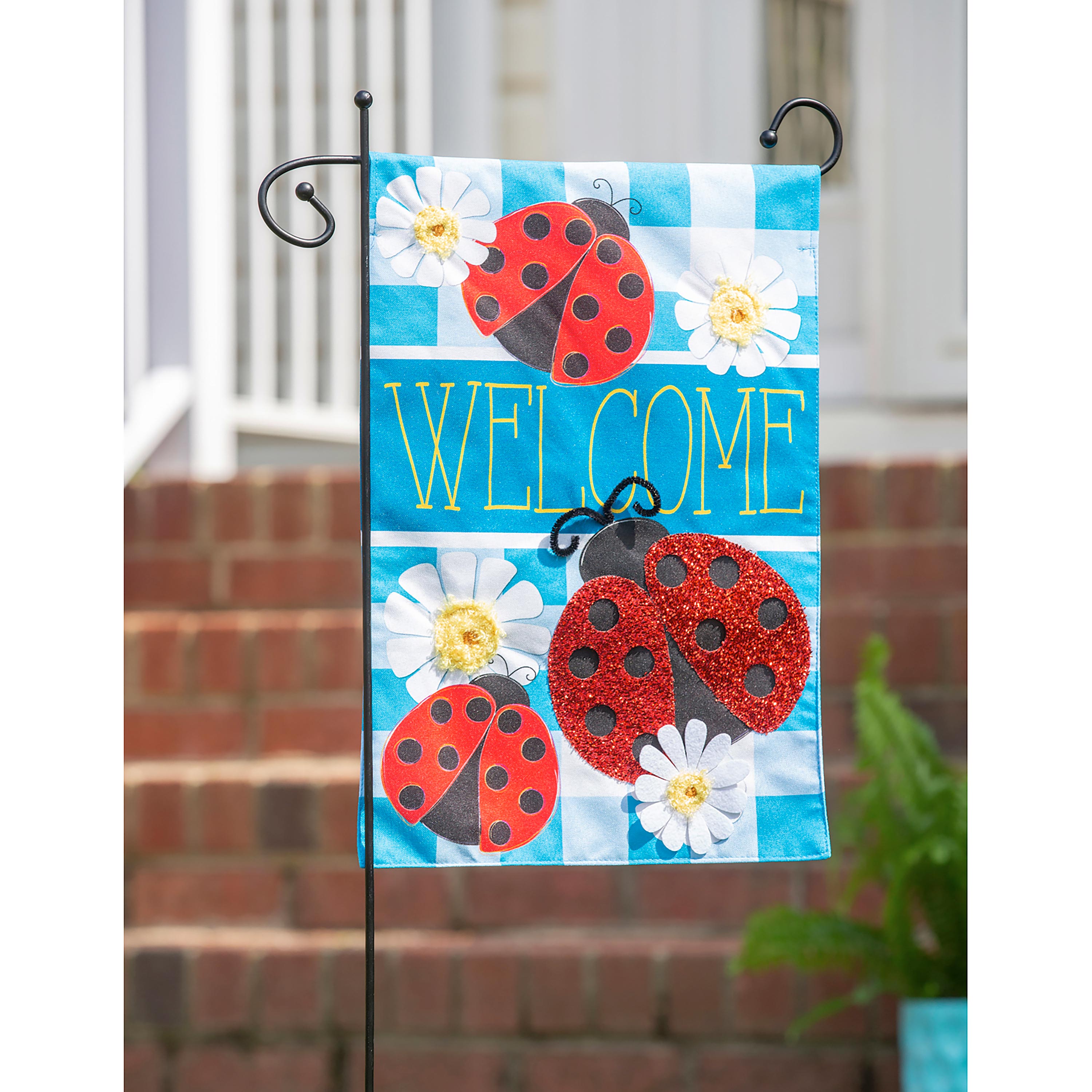 Ladybug Plaid Welcome Garden Linen Flag