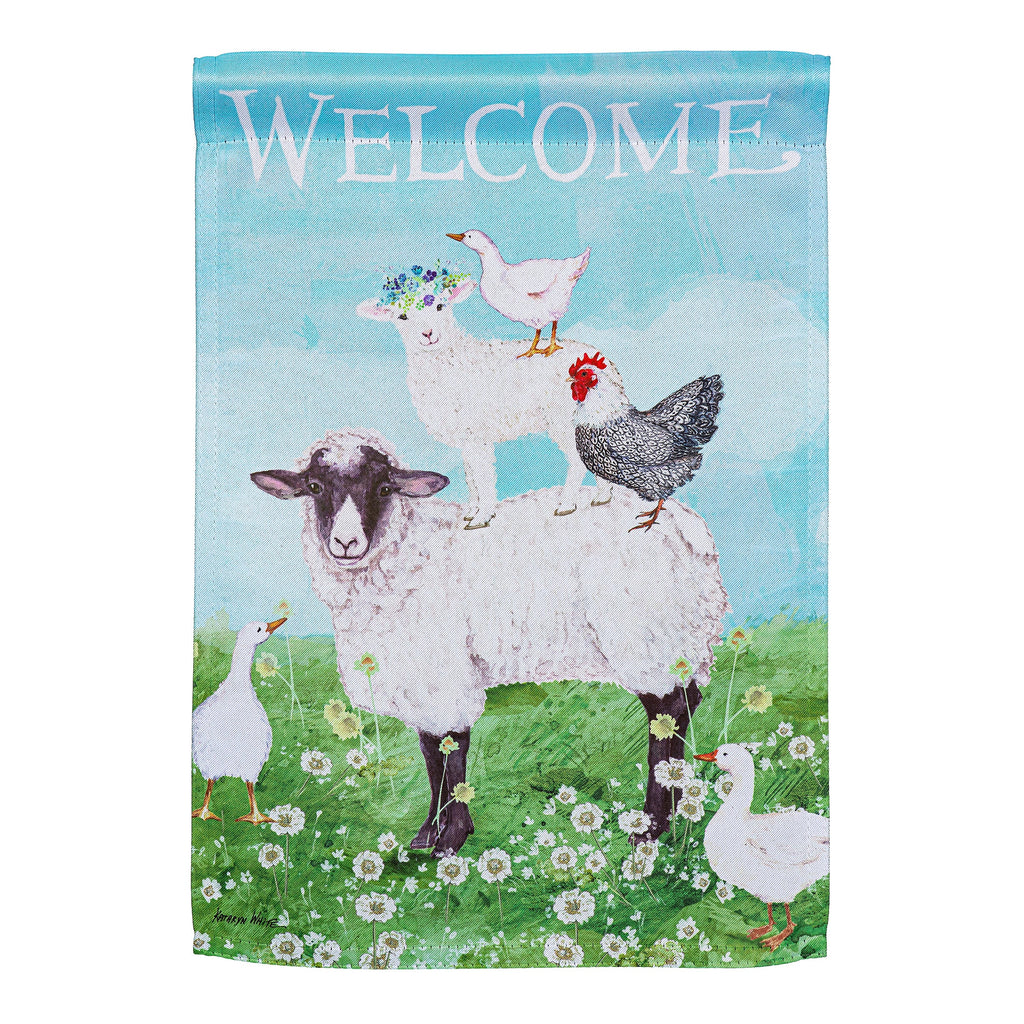 Hillside Pasture Welcome Farm Friends Suede Garden Flag