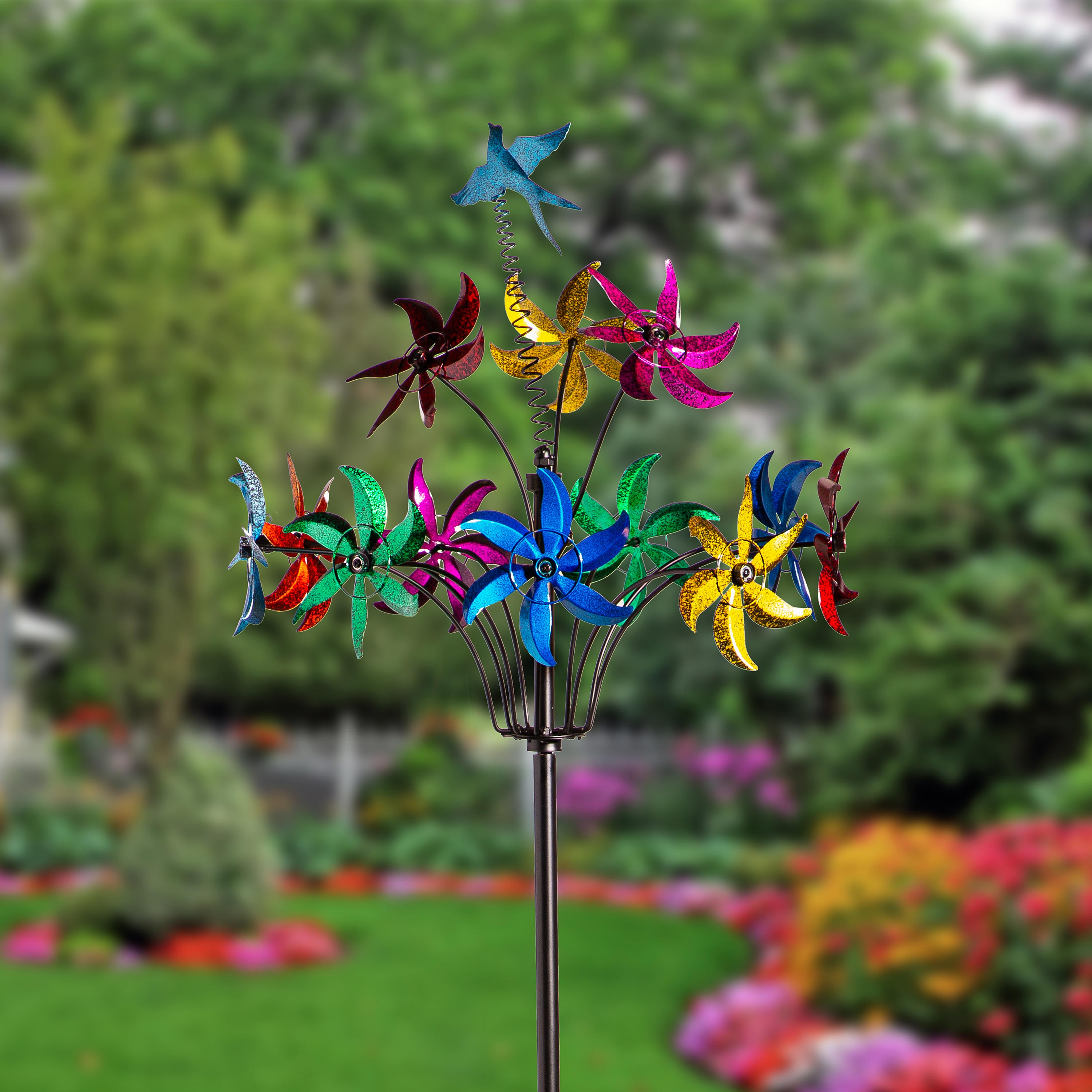 Metal Wind Spinner, Twirling Colorful Flowers, 91"H