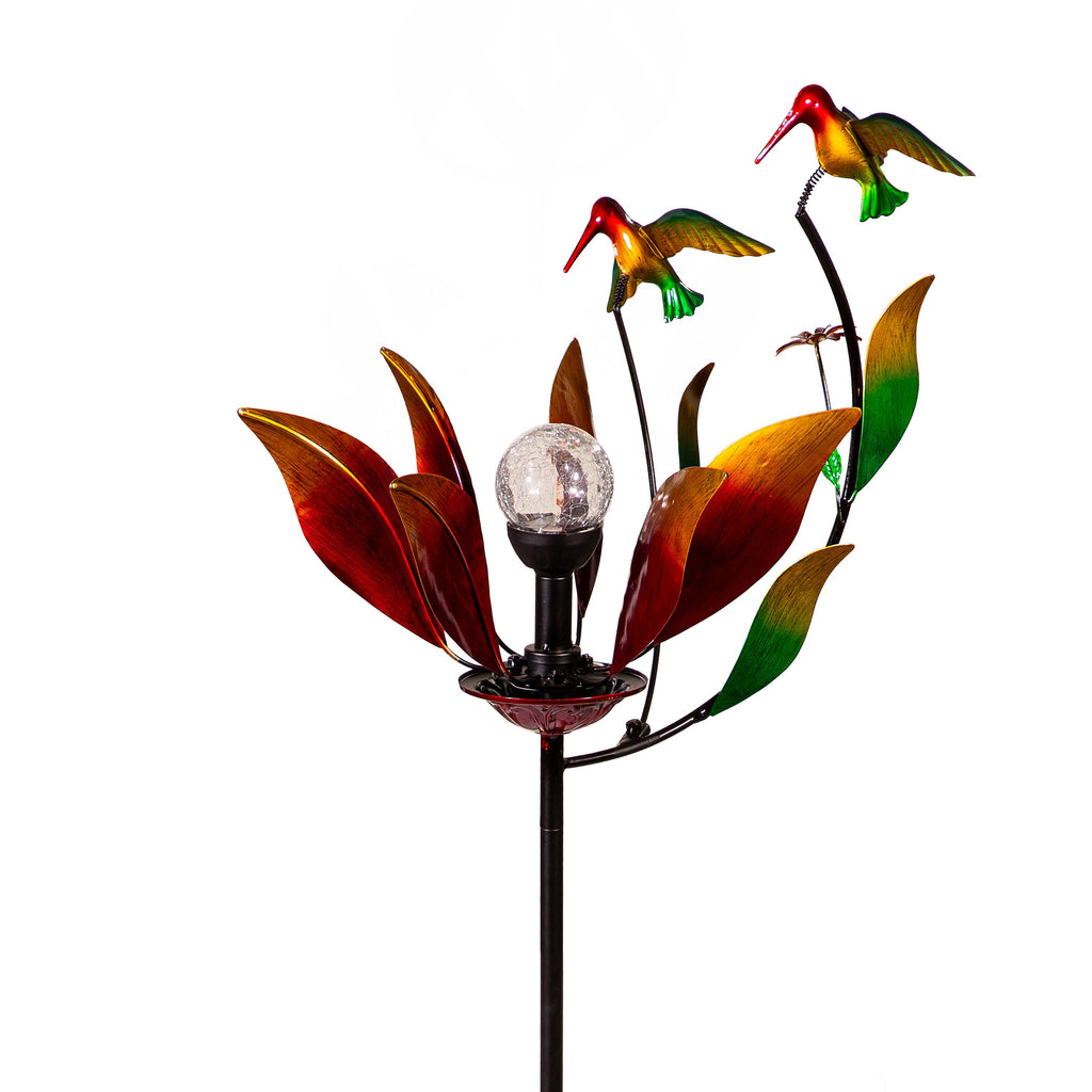 Solar Metal Wind Spinner, Red Hummingbird & Flower, 52"H