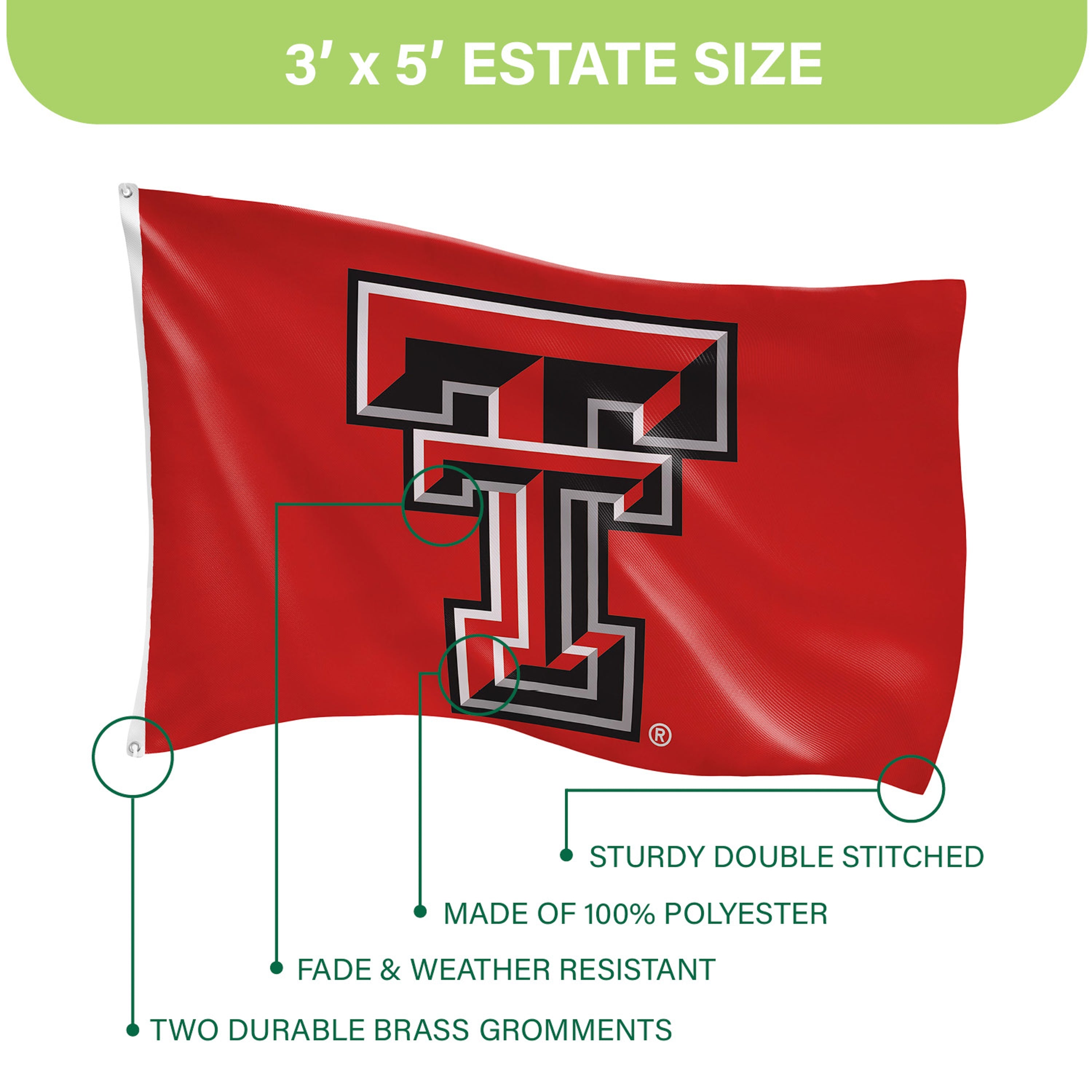 Texas Tech University Single Sided Estate Flag with 2 Grommets, 3'x5'