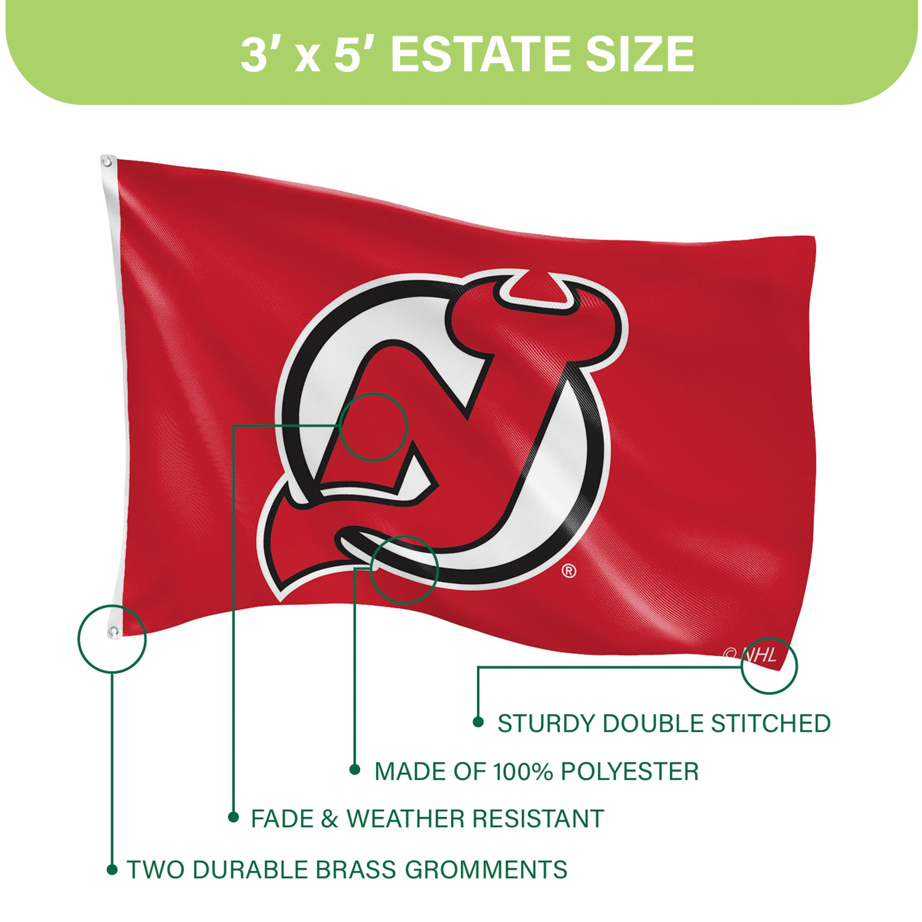 New Jersey Devils Single Sided Flag w/ 2 Grommets, 3'x5'