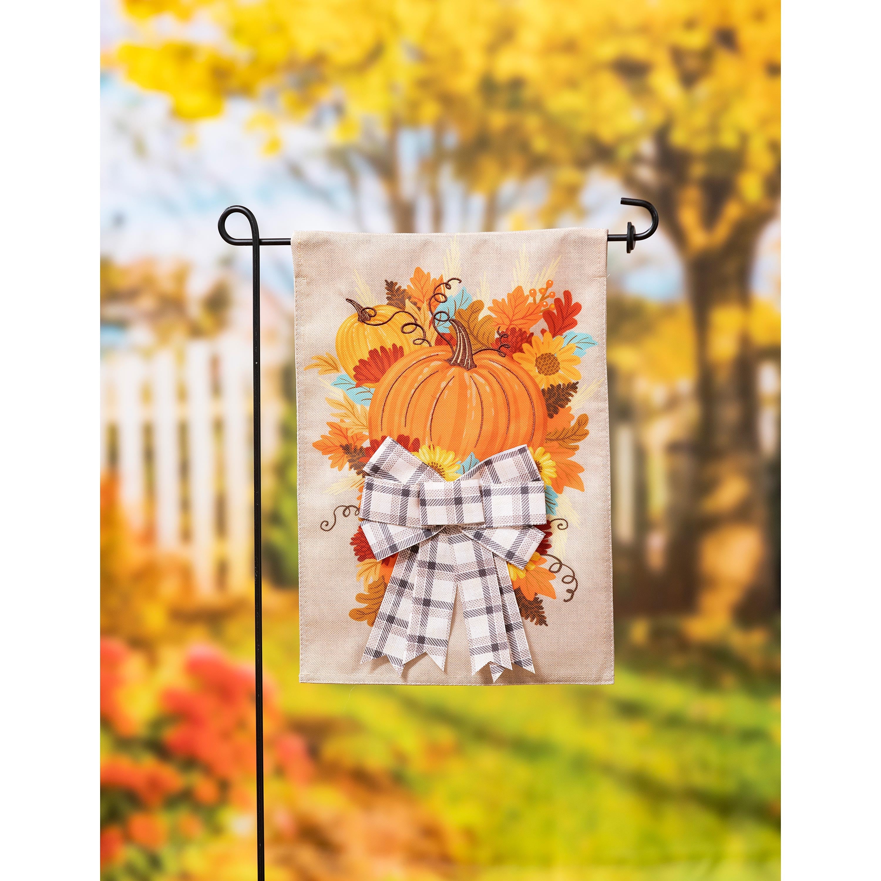 Pumpkin and Bow Garden Burlap Flag