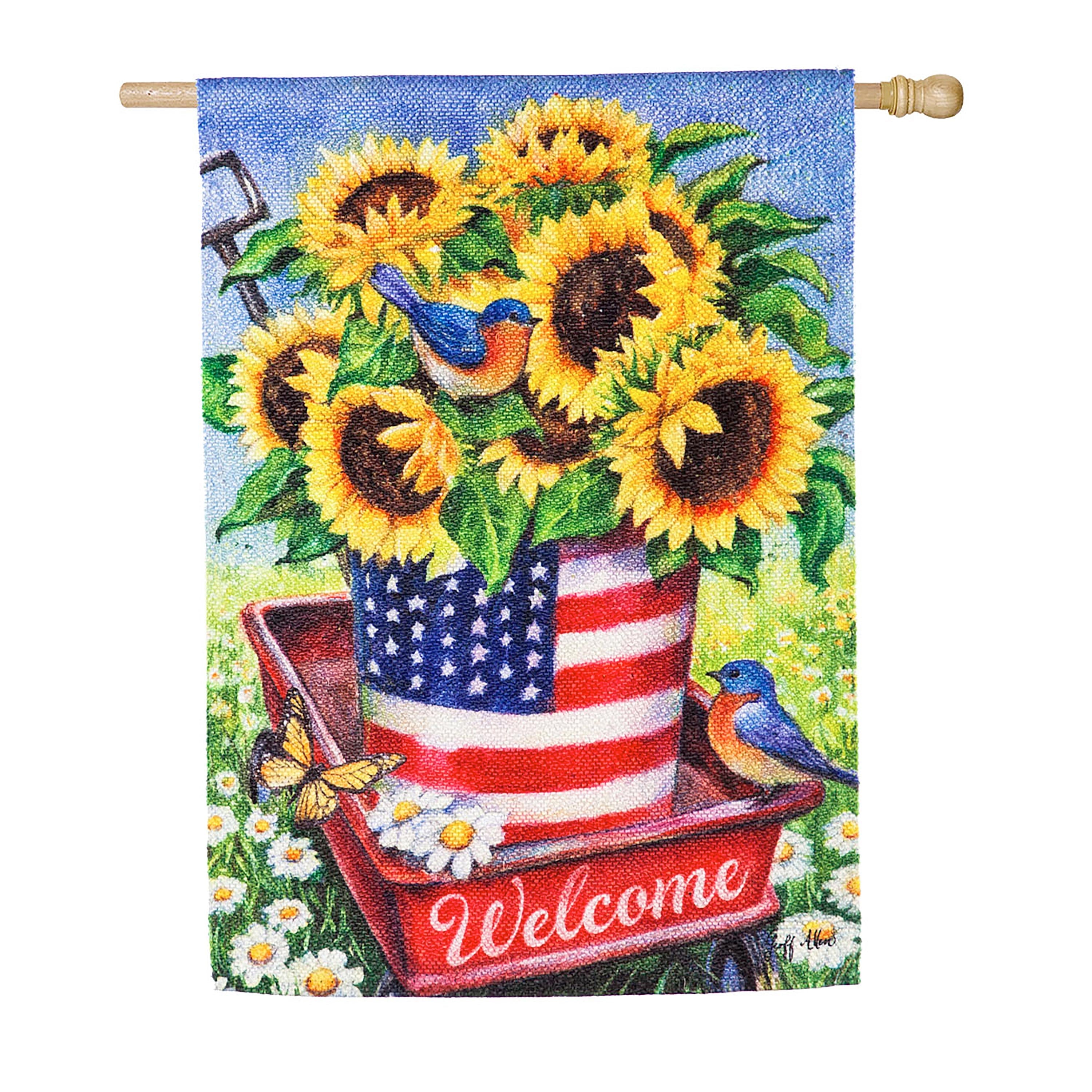 Patriotic Sunflower Wagon House Textured Suede Flag