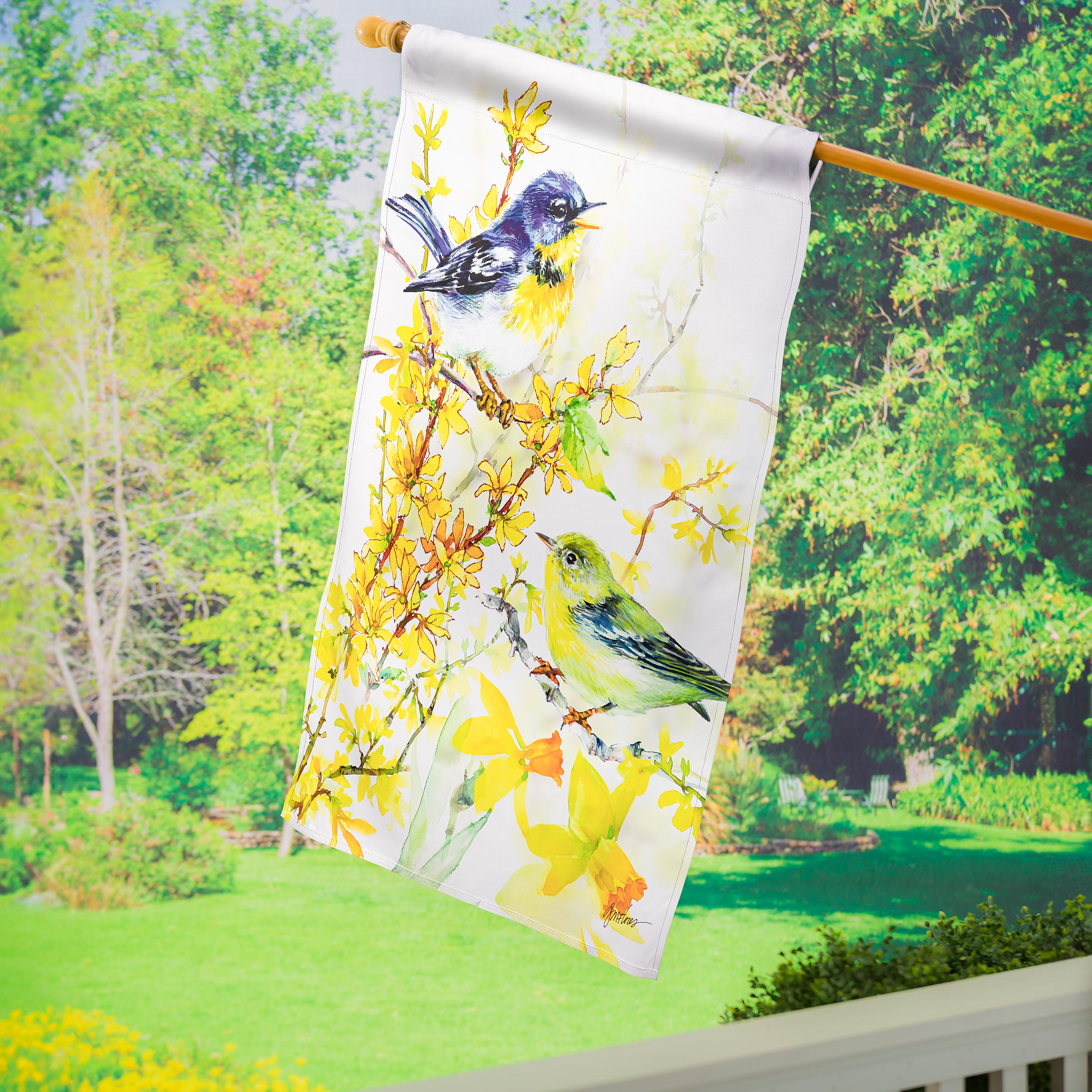 Birds and Forsythia Suede House Flag