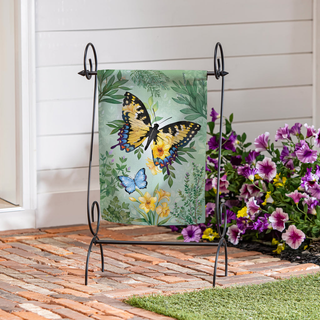 Cottage Garden Green & Yellow Florals Monarch Butterfly Suede Garden Flag