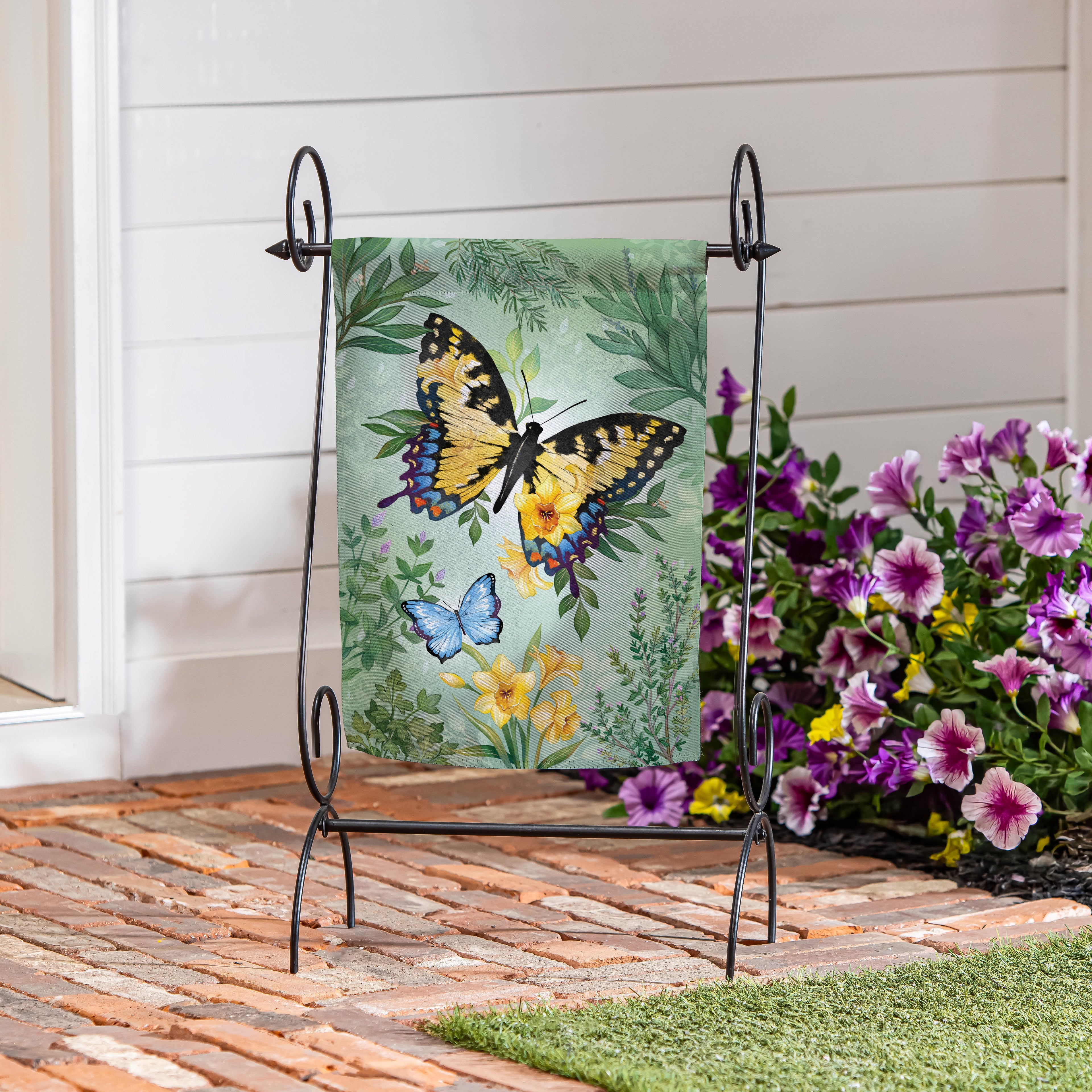 Cottage Garden Green & Yellow Florals Monarch Butterfly Suede Garden Flag
