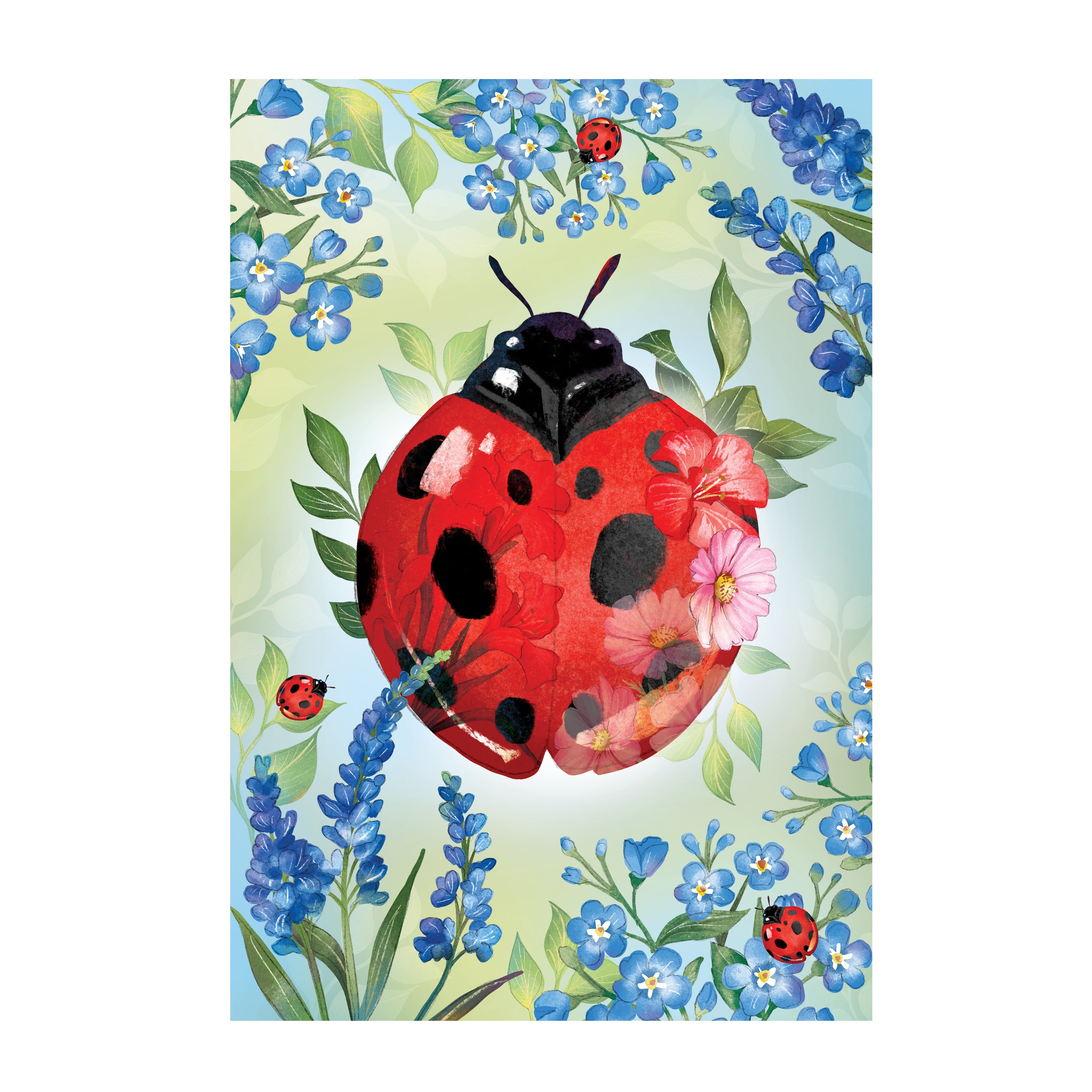 Cottage Garden Blue Florals Ladybug Applique House Flag