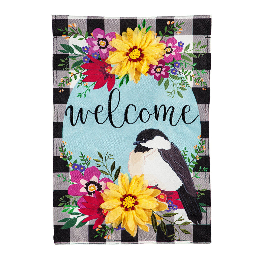 Farmhouse Chickadee with Check Garden Linen Flag