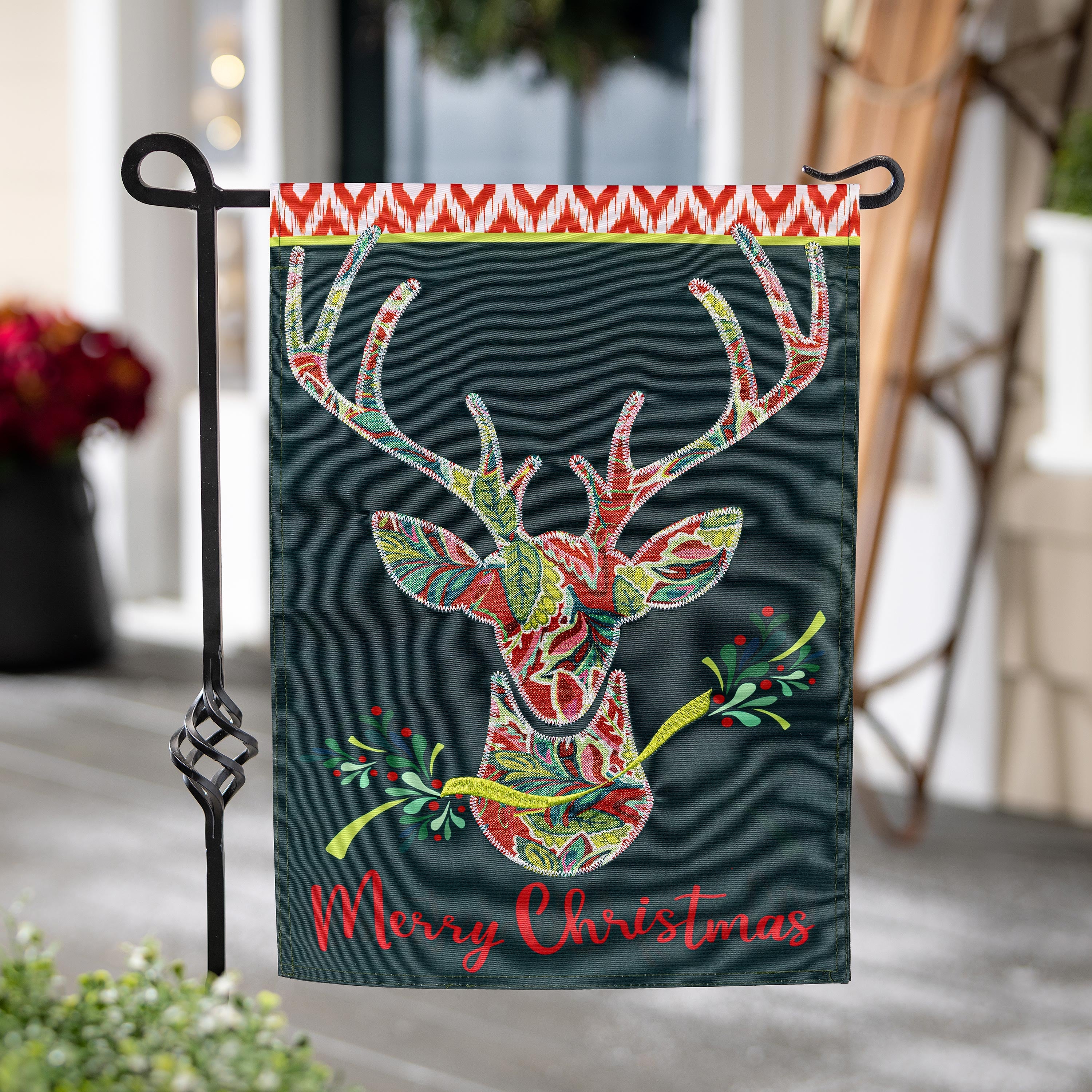 Patterned Reindeer Applique Garden Flag