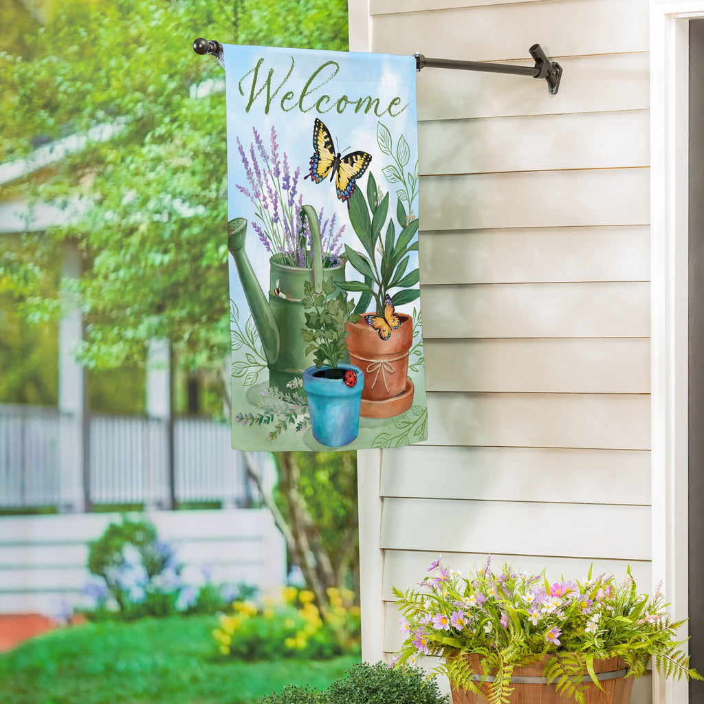 Cottage Garden Watering Can & Plants Suede House Flag