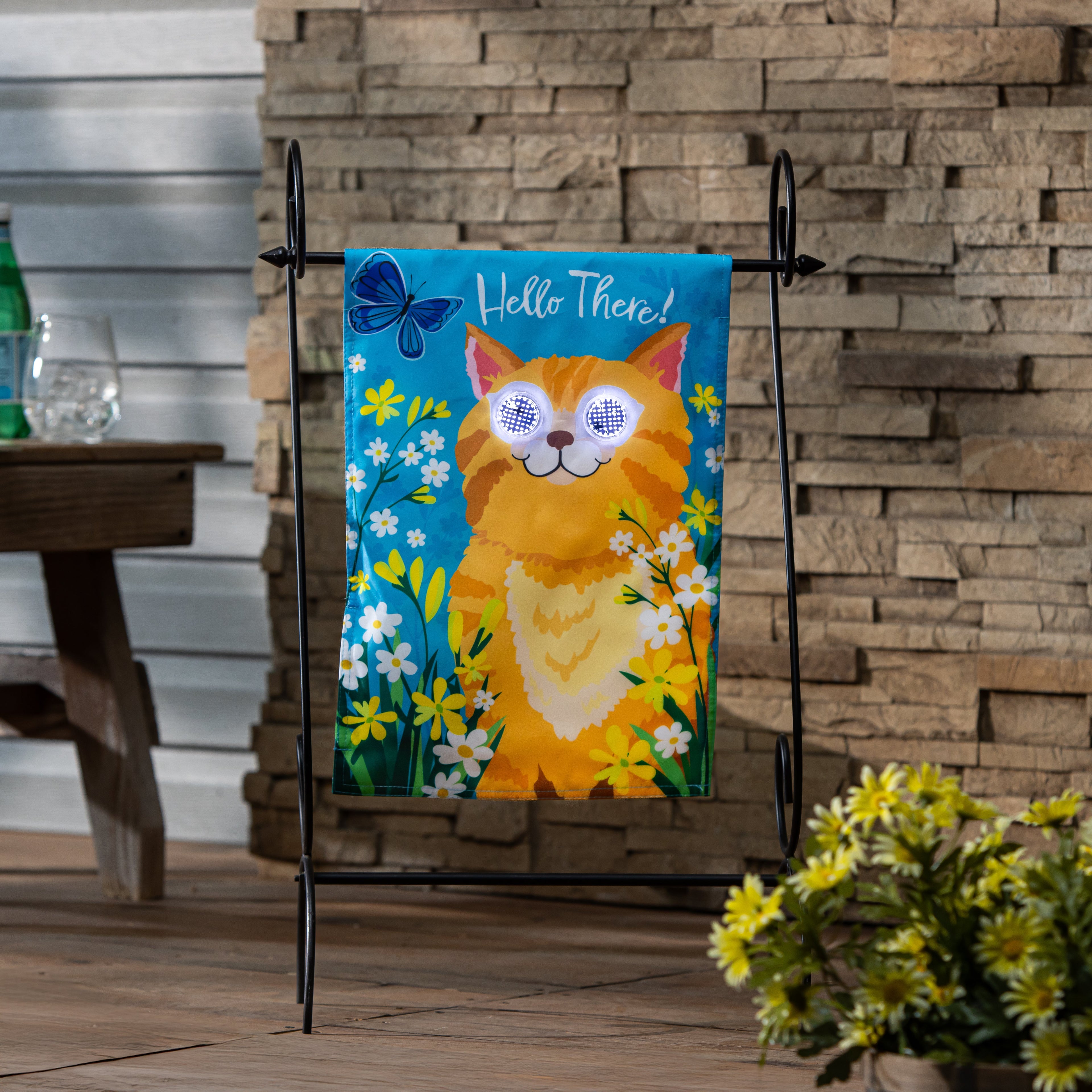 Animated Hello There Cat Applique Lighted Garden Flag