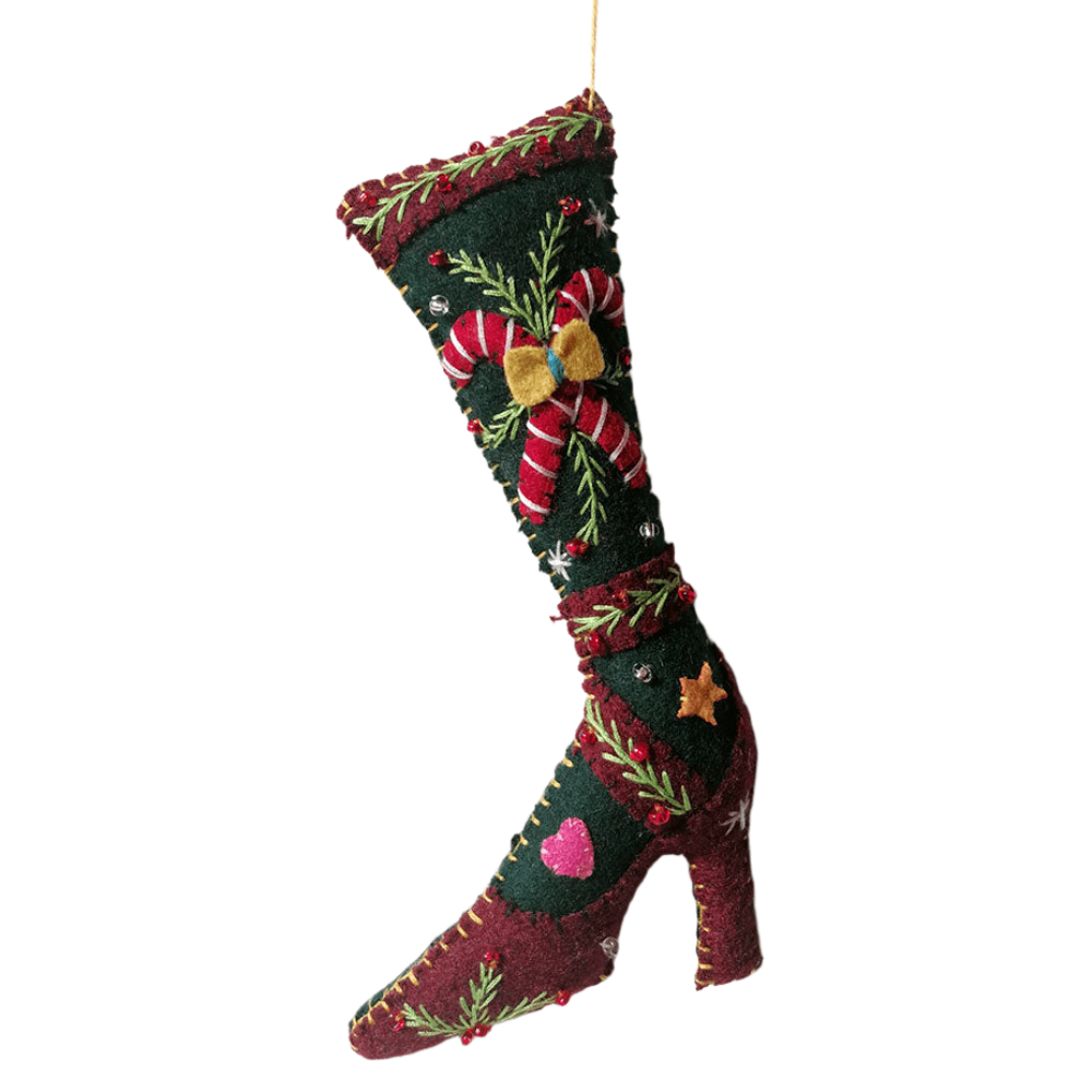 6.5" Red High Heeled Shoe w/Grn Stocking &Candy Canes