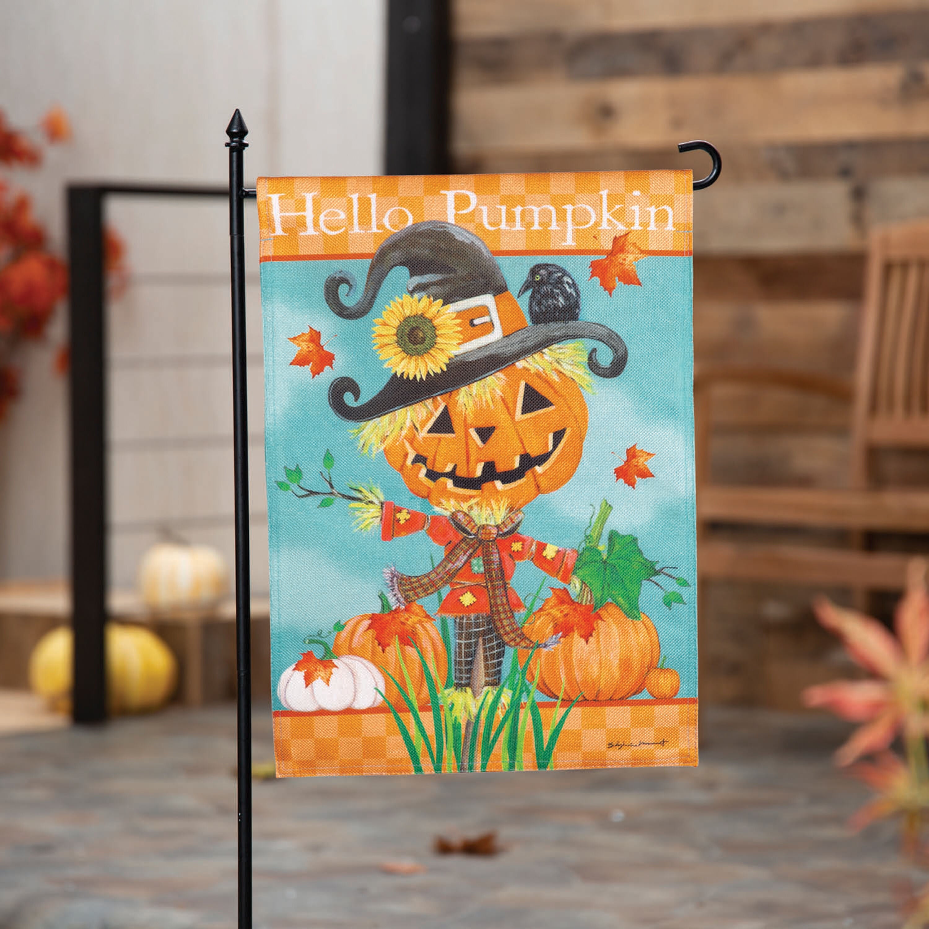 Hello Pumpkin Scarecrow Burlap Garden Flag