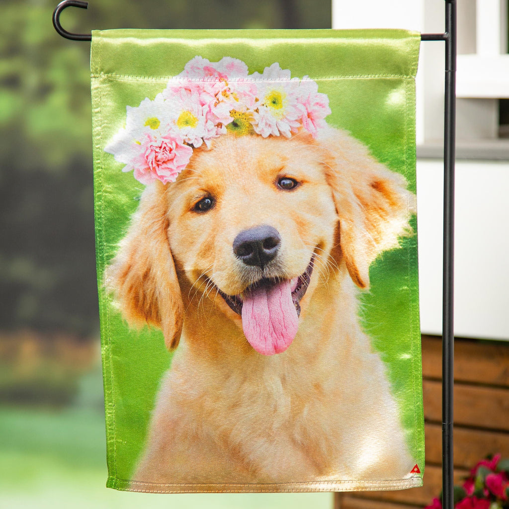Golden Lab with Flower Crown Lustre Garden Flag