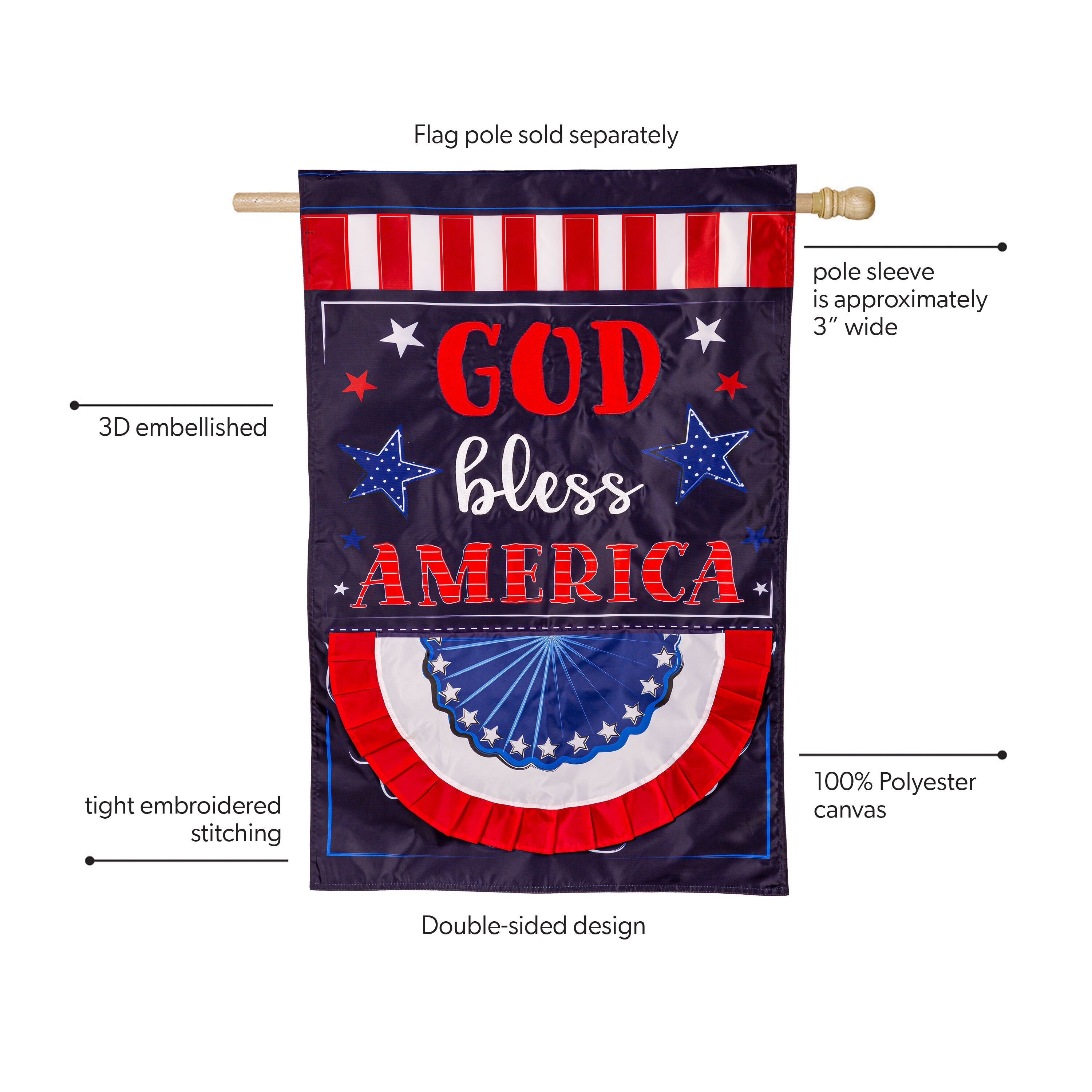 Patriotic God Bless America Applique House Flag