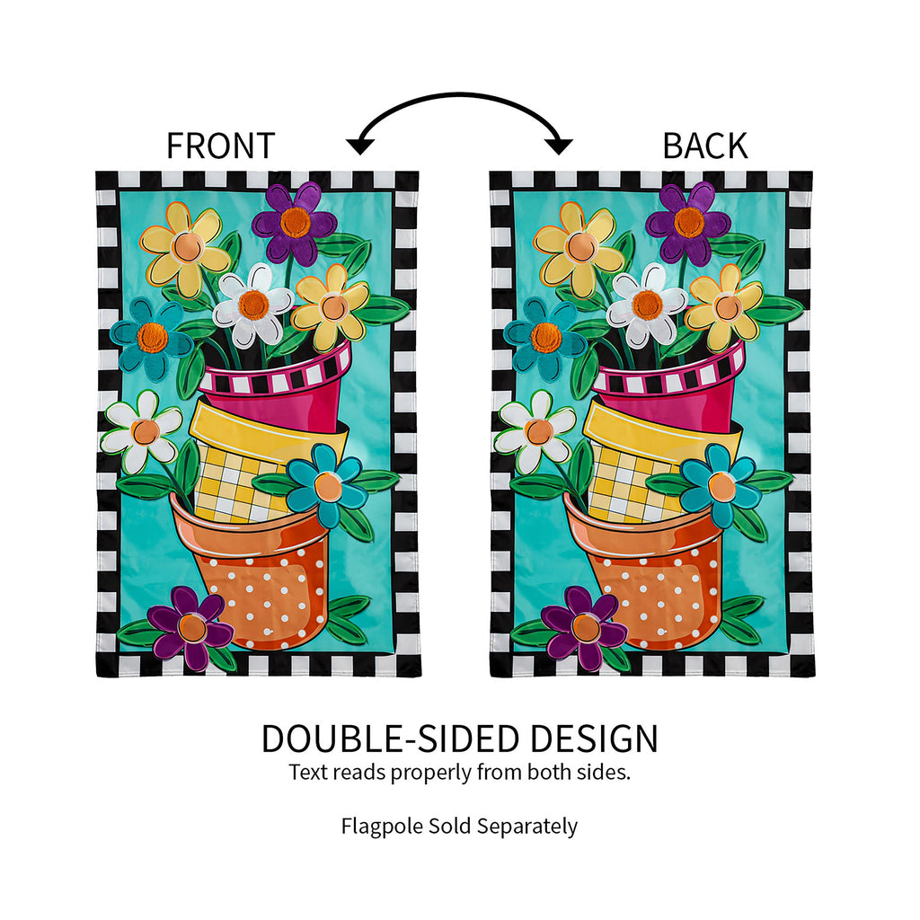 Stacked Spring Flower Pots House Applique Flag
