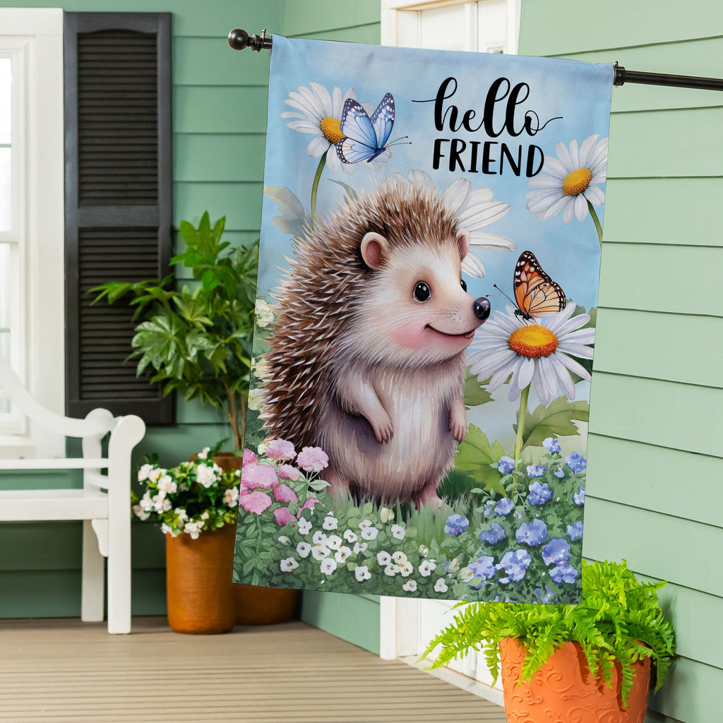 Hedgehog & Daisies Burlap House Flag