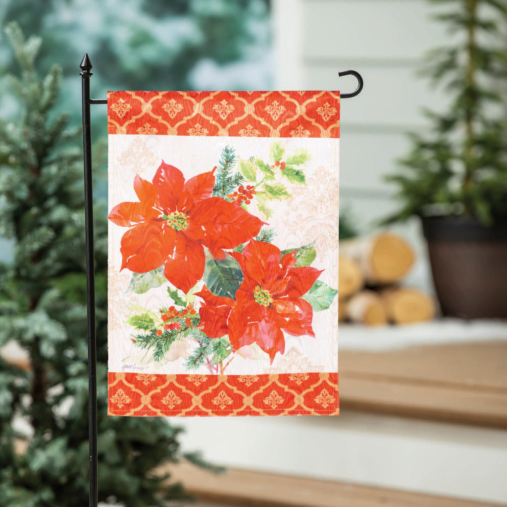 Gilded Pattern Poinsettia Christmas Moire Garden Flag