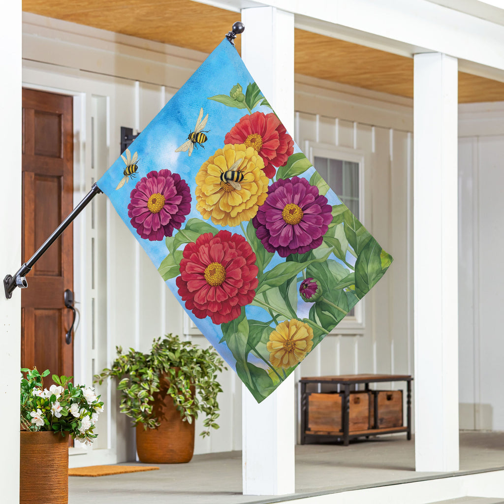 Multicolor Zinnias & Bees Suede House Flag