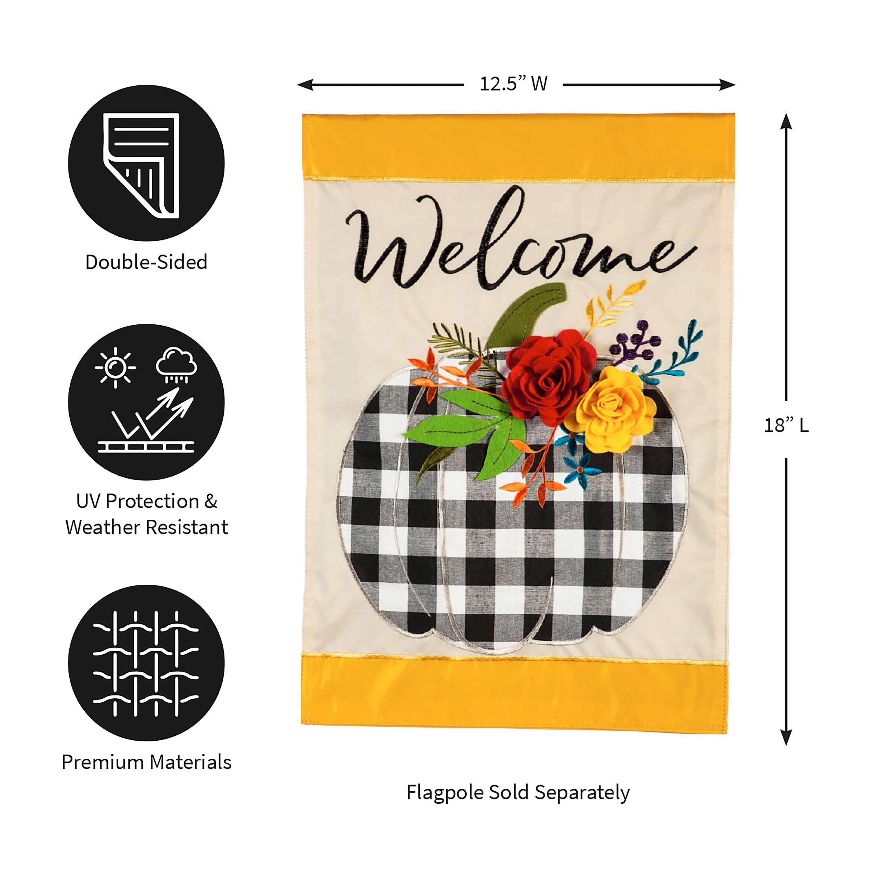 Welcome Floral Plaid Pumpkin Garden Applique Flag
