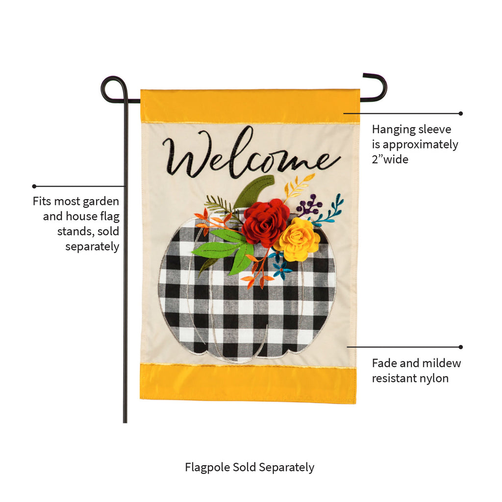 Welcome Floral Plaid Pumpkin Garden Applique Flag
