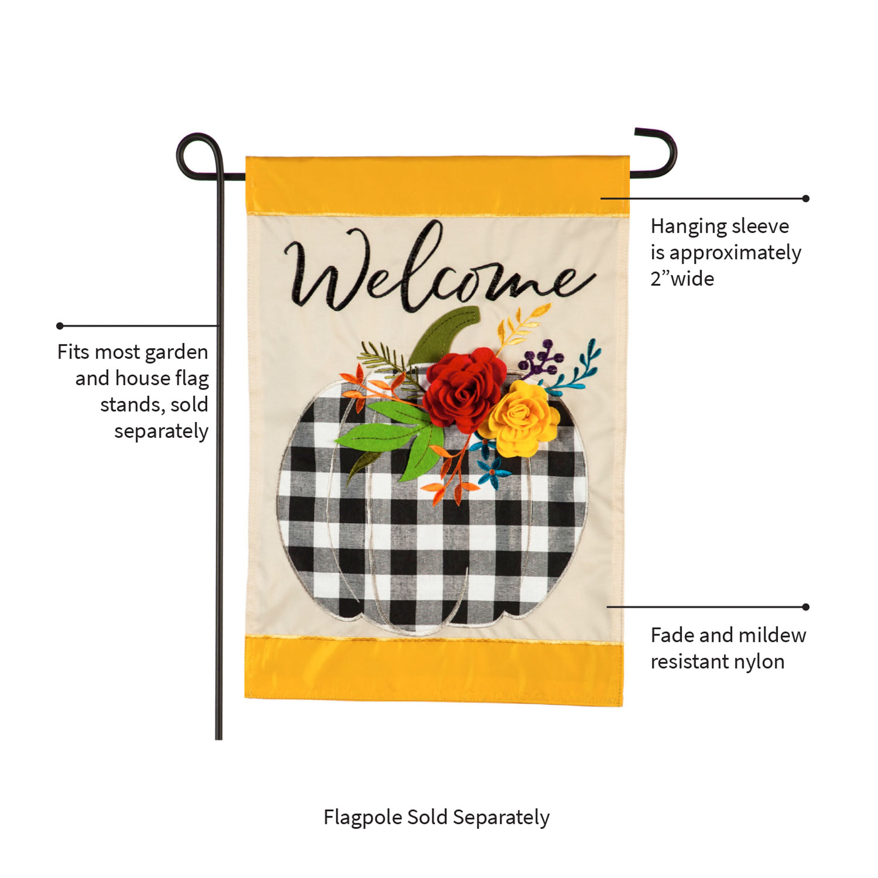 Welcome Floral Plaid Pumpkin Garden Applique Flag