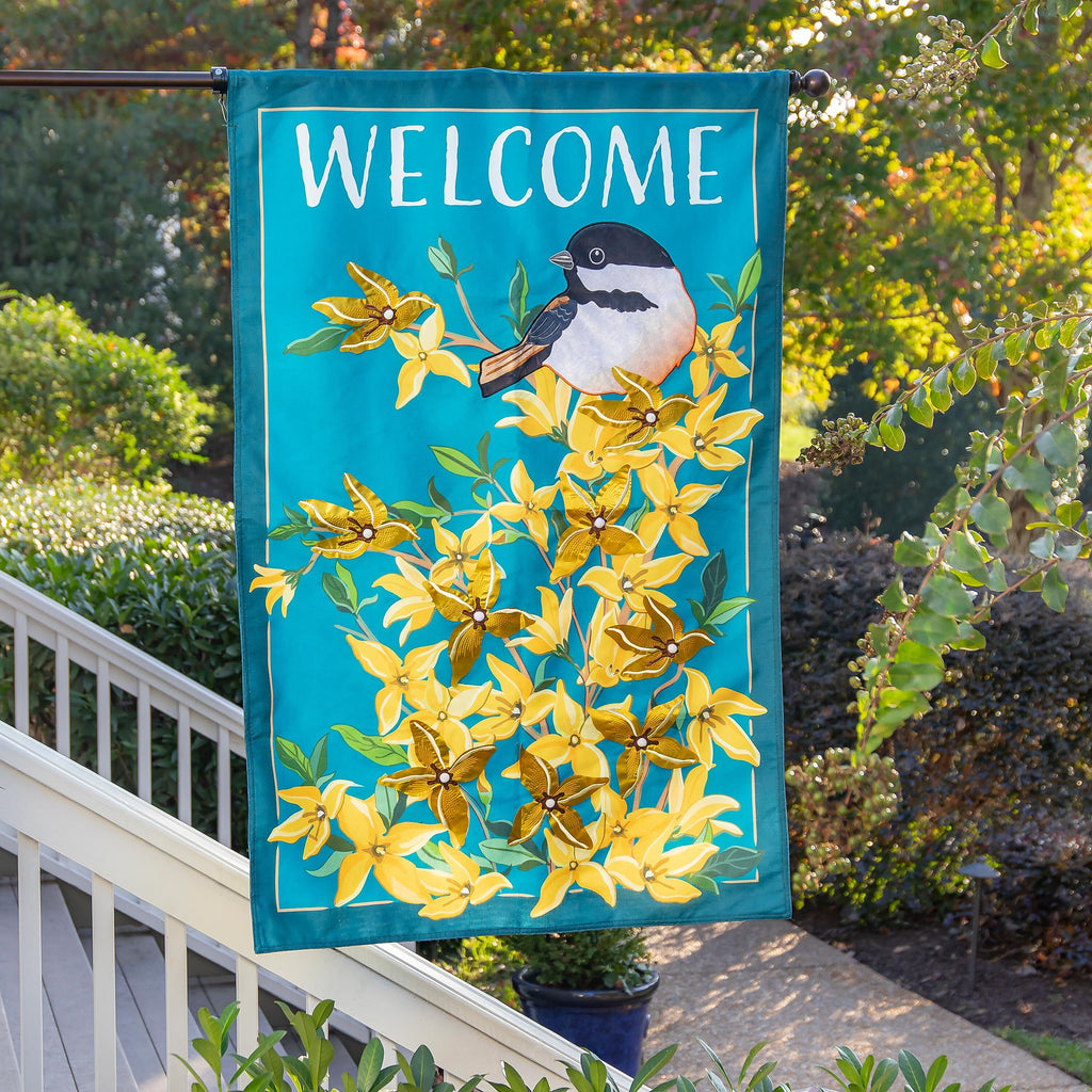 Forsythia and Chickadee Estate Size Embellished Burlap Flag