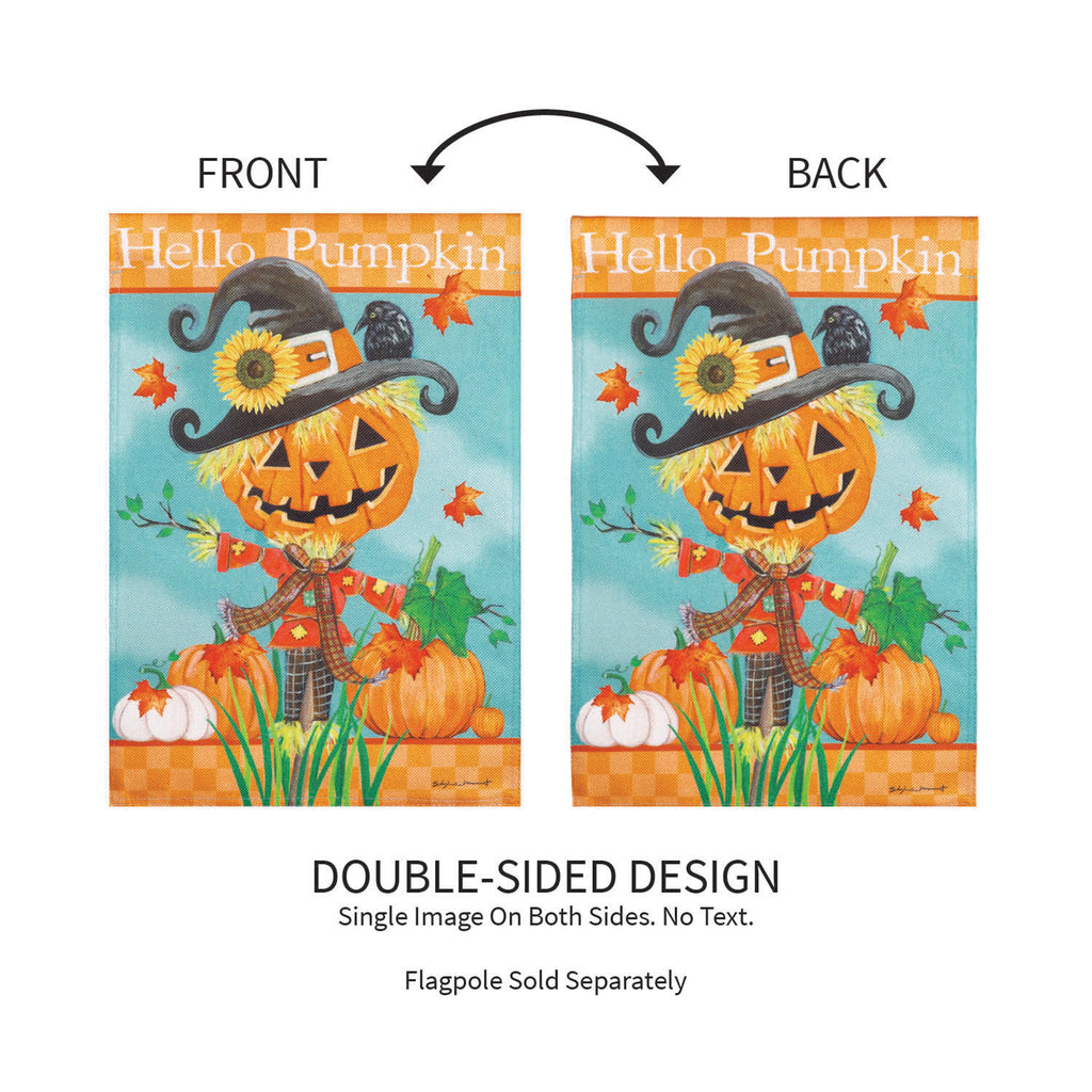 Hello Pumpkin Scarecrow Burlap Garden Flag