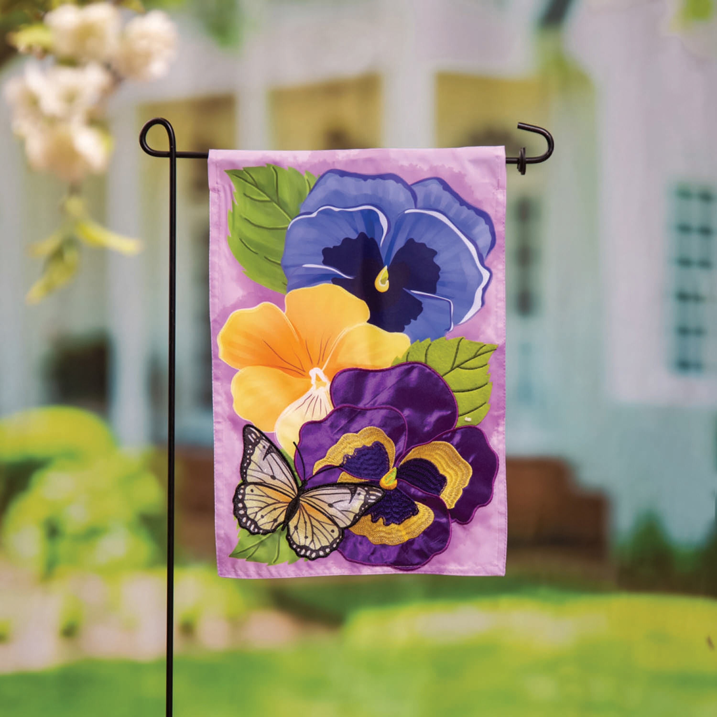 Pansy & Butterfly Applique Garden Flag