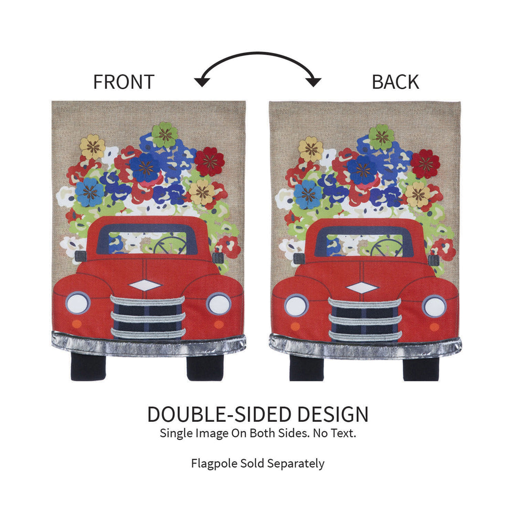 Burlap garden flag, Red Truck Flowers