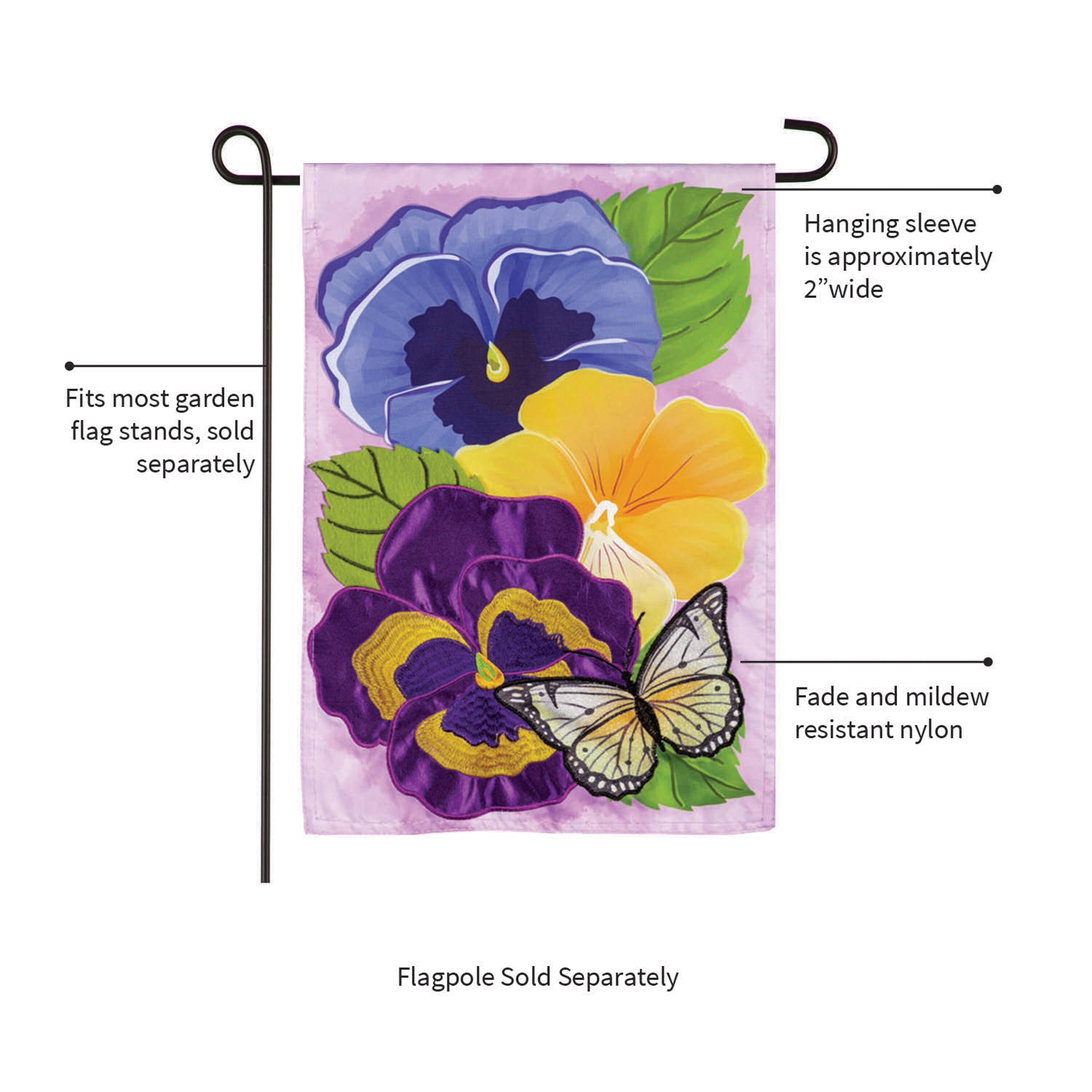 Pansy & Butterfly Applique Garden Flag