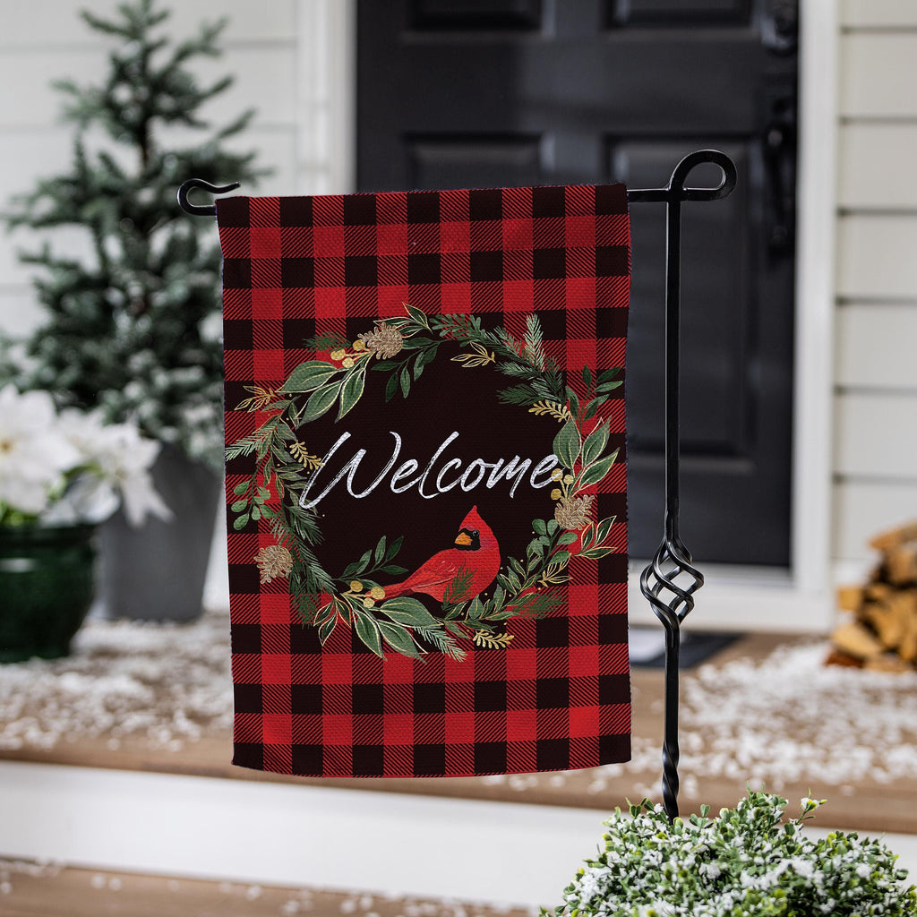 Welcoming Cardinal Wreath Burlap Flag
