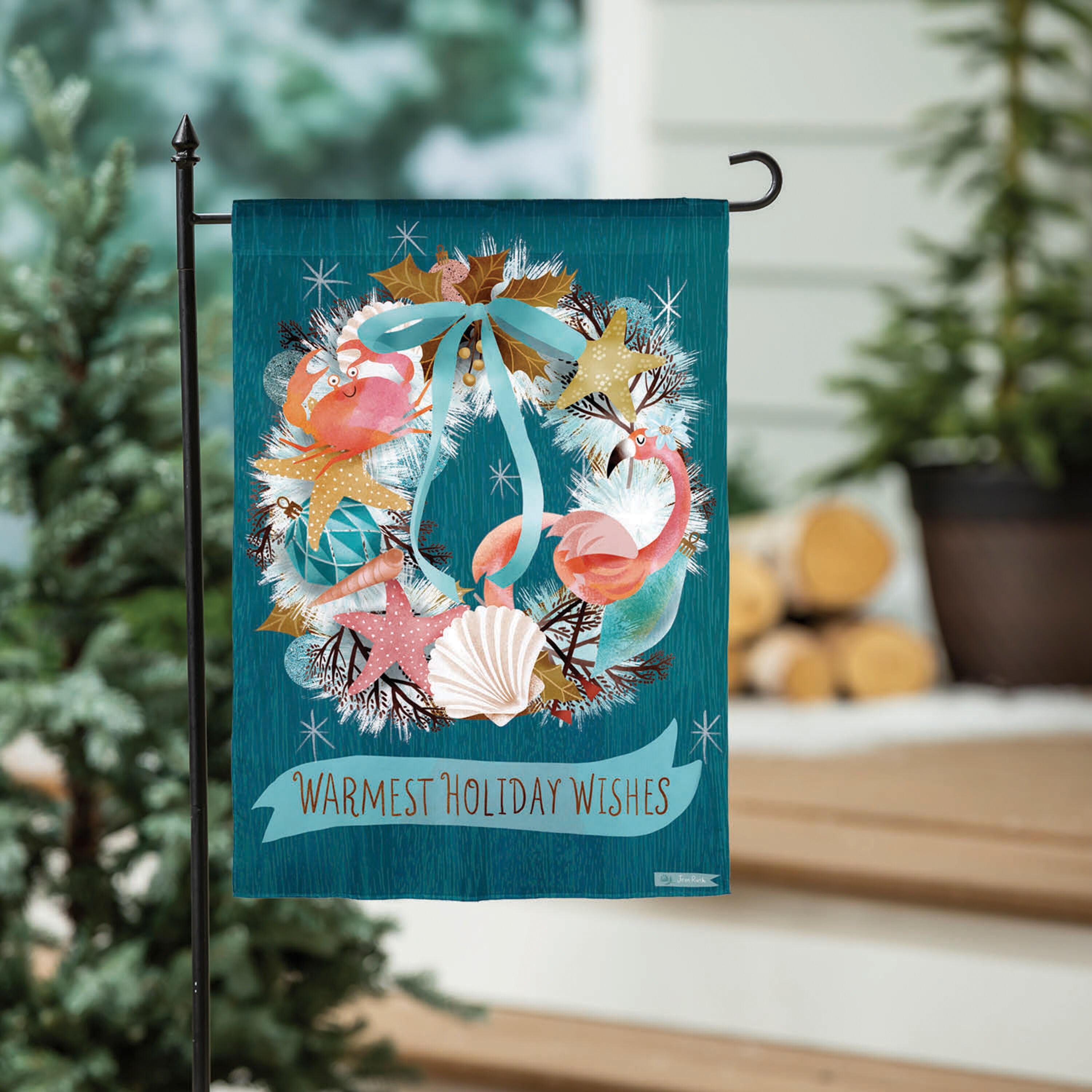 Coastal Christmas Wreath Suede Garden Flag