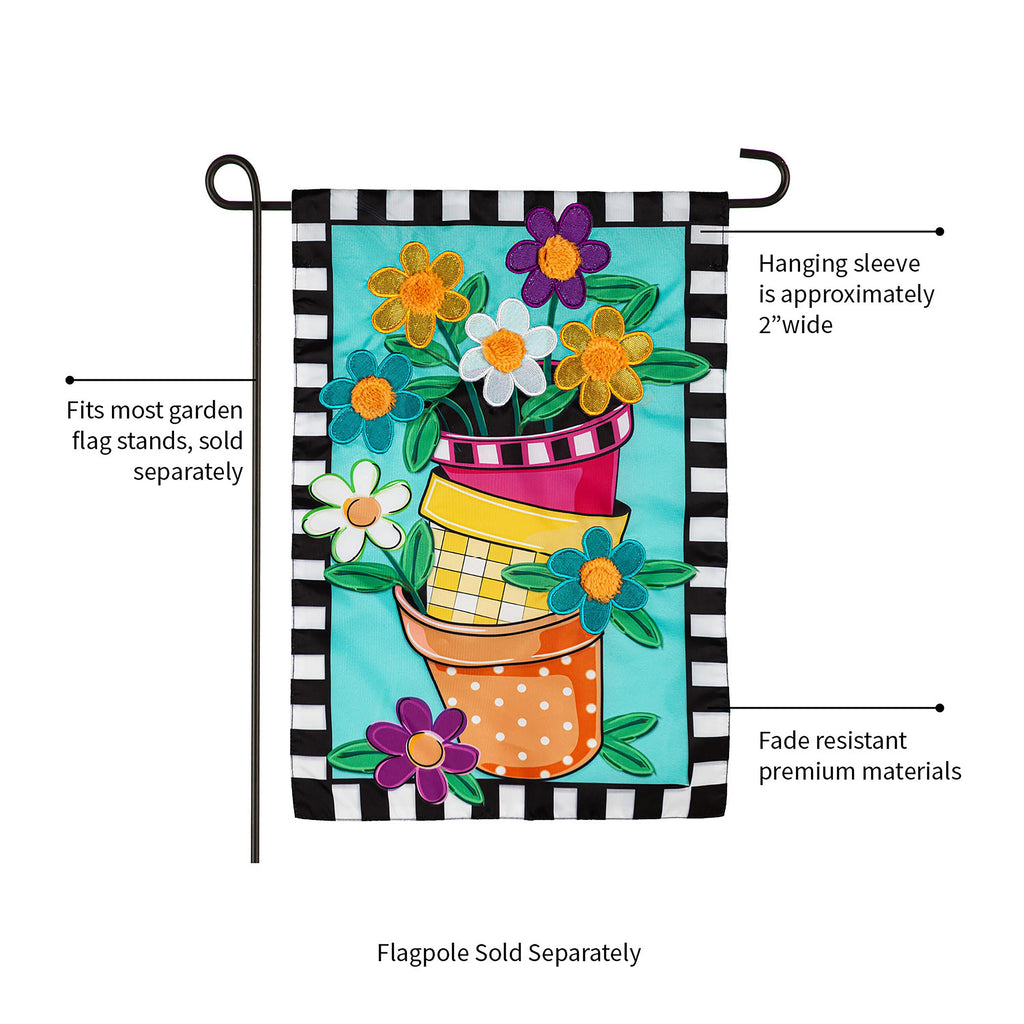 Stacked Spring Flower Pots Garden Applique Flag