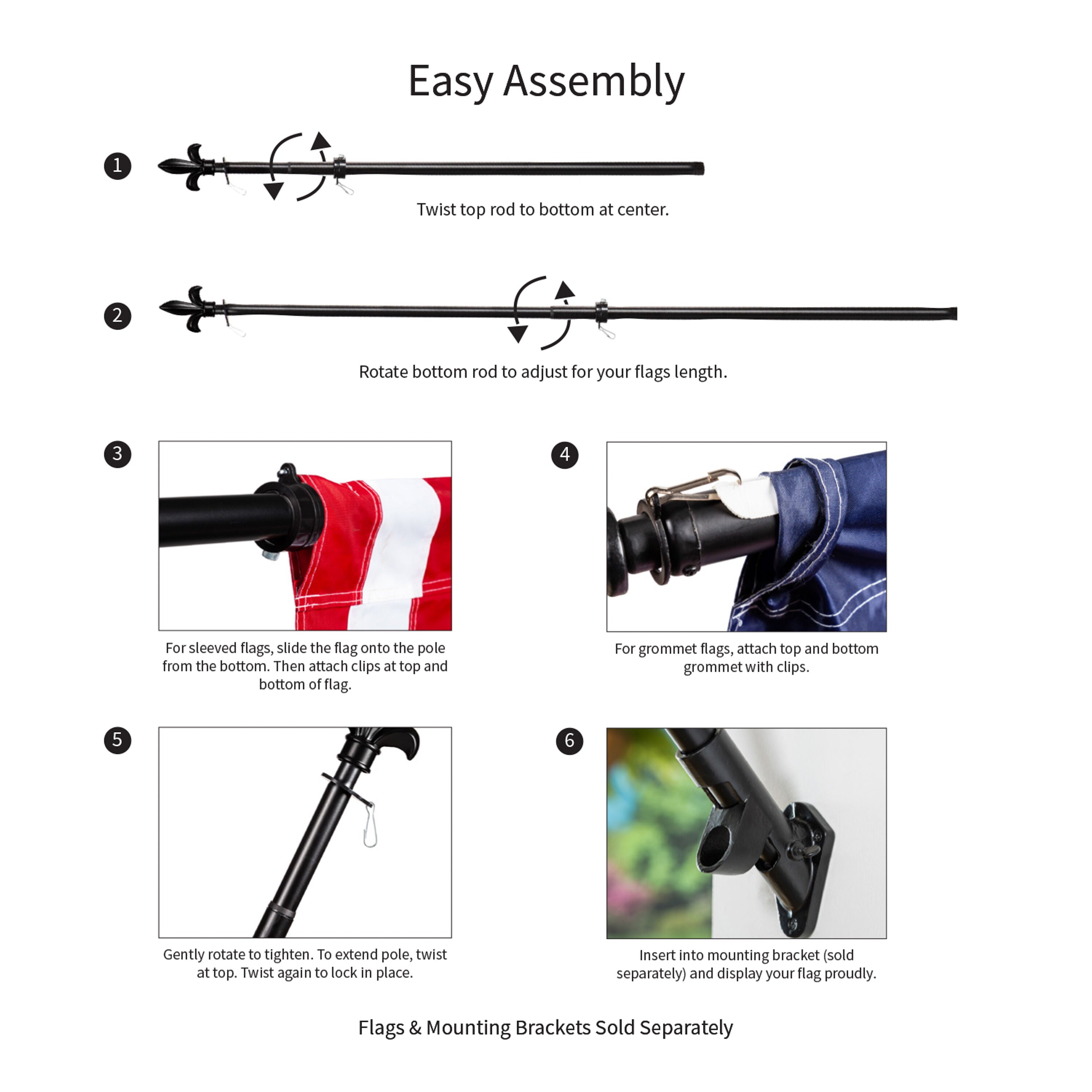 Fleur de Lis Metal Extendable House Flag Pole, Black