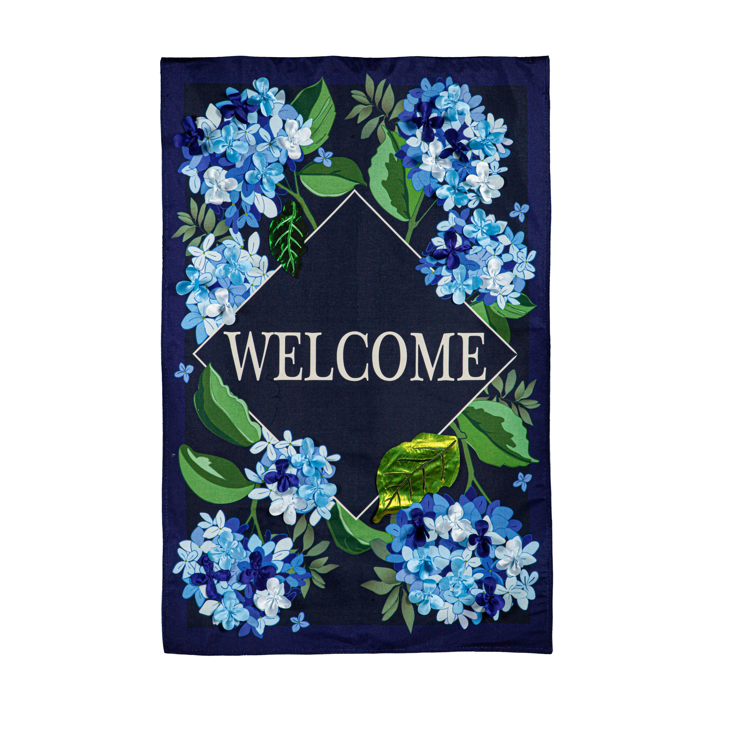 Hydrangea Welcome Estate Size Embellished Burlap Flag