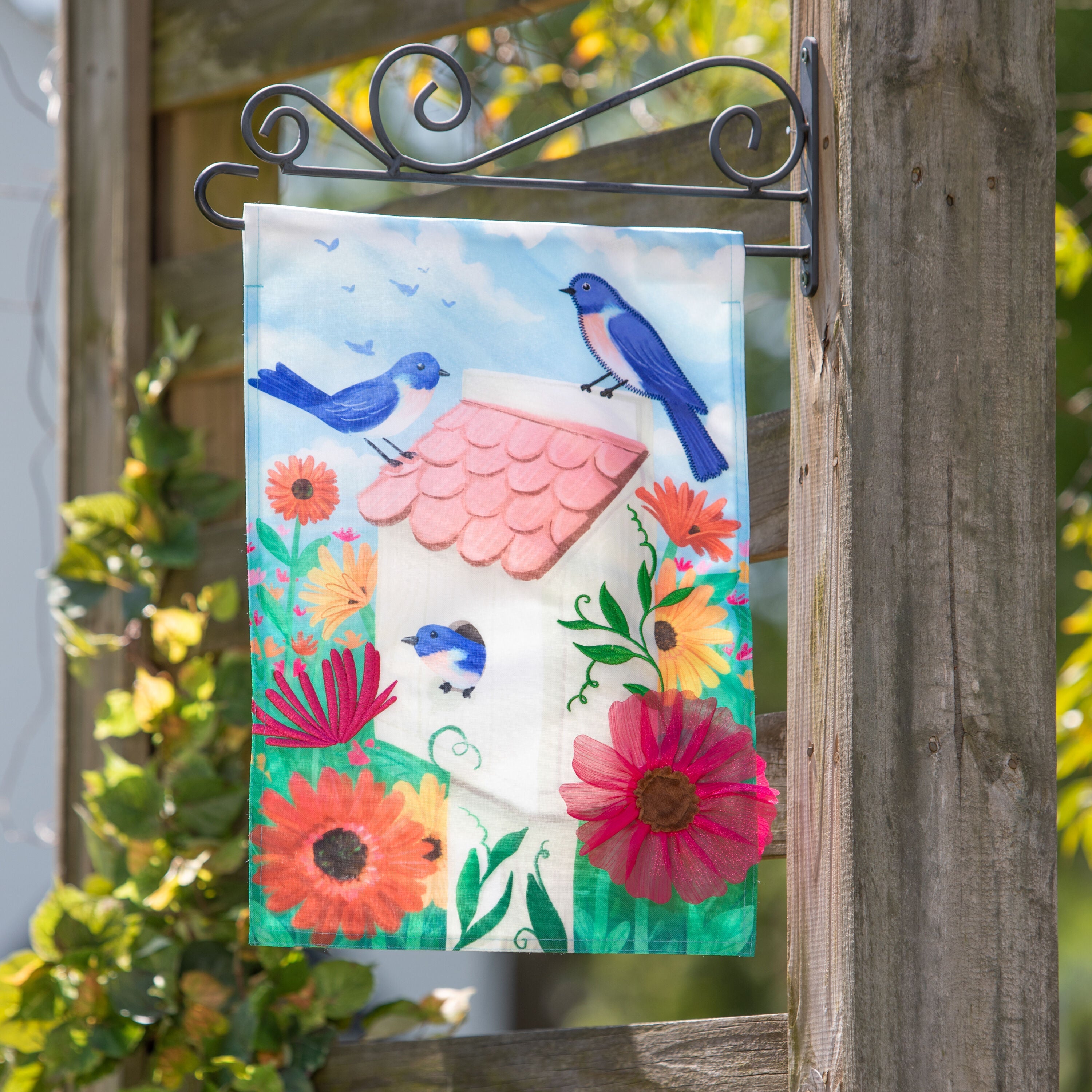 Birdhouse & Bluebirds Linen Garden Flag