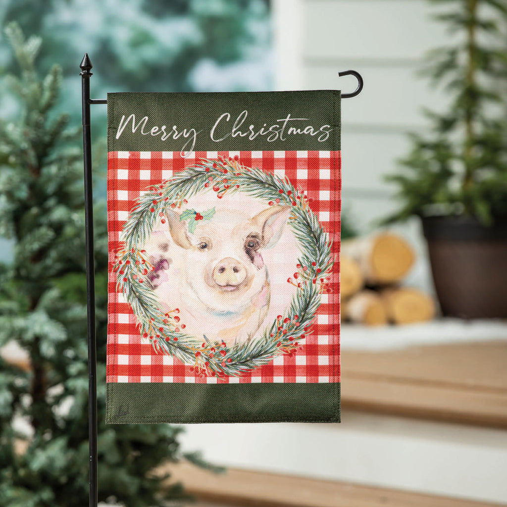 Merry Christmas Pig Burlap Garden Flag