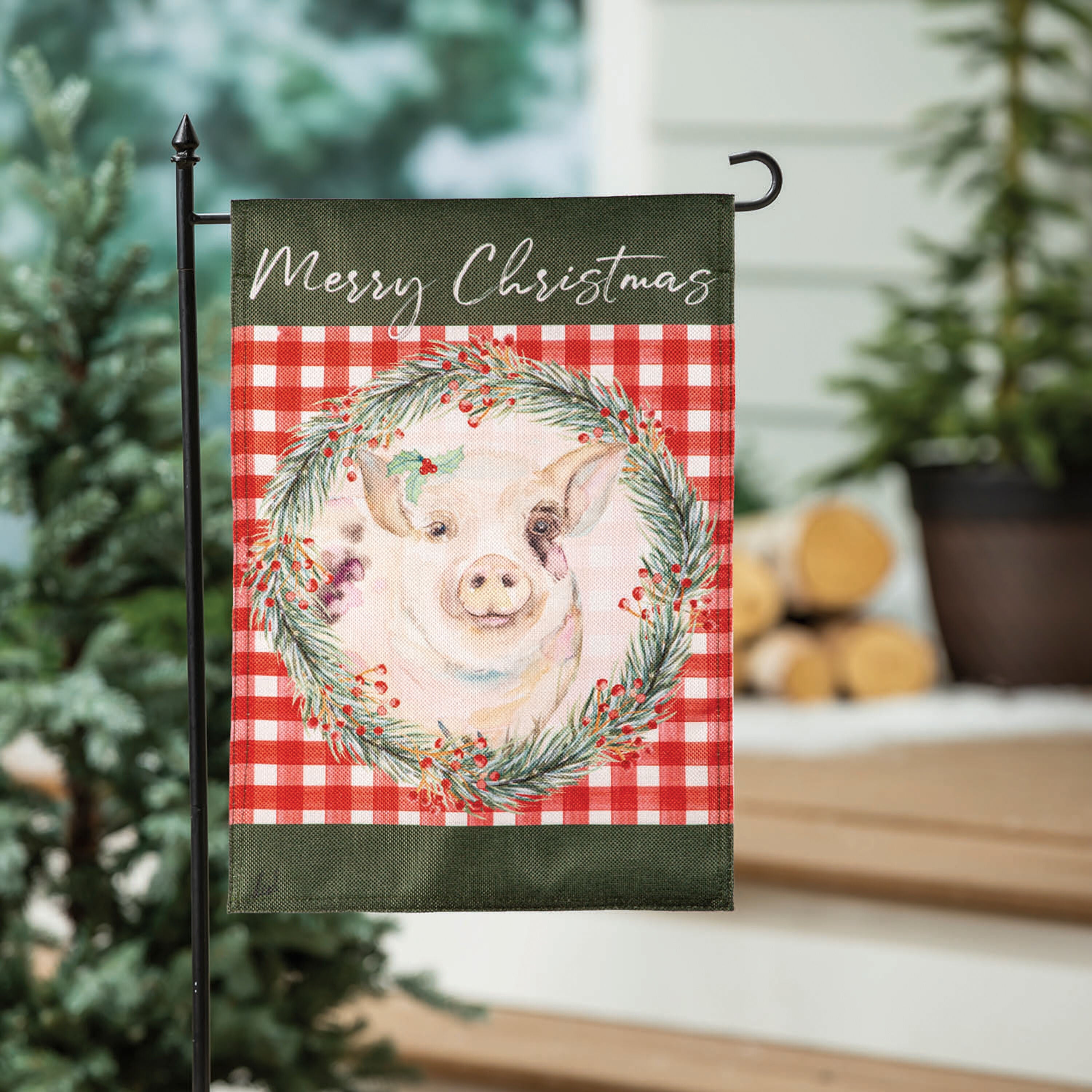 Merry Christmas Pig Burlap Garden Flag