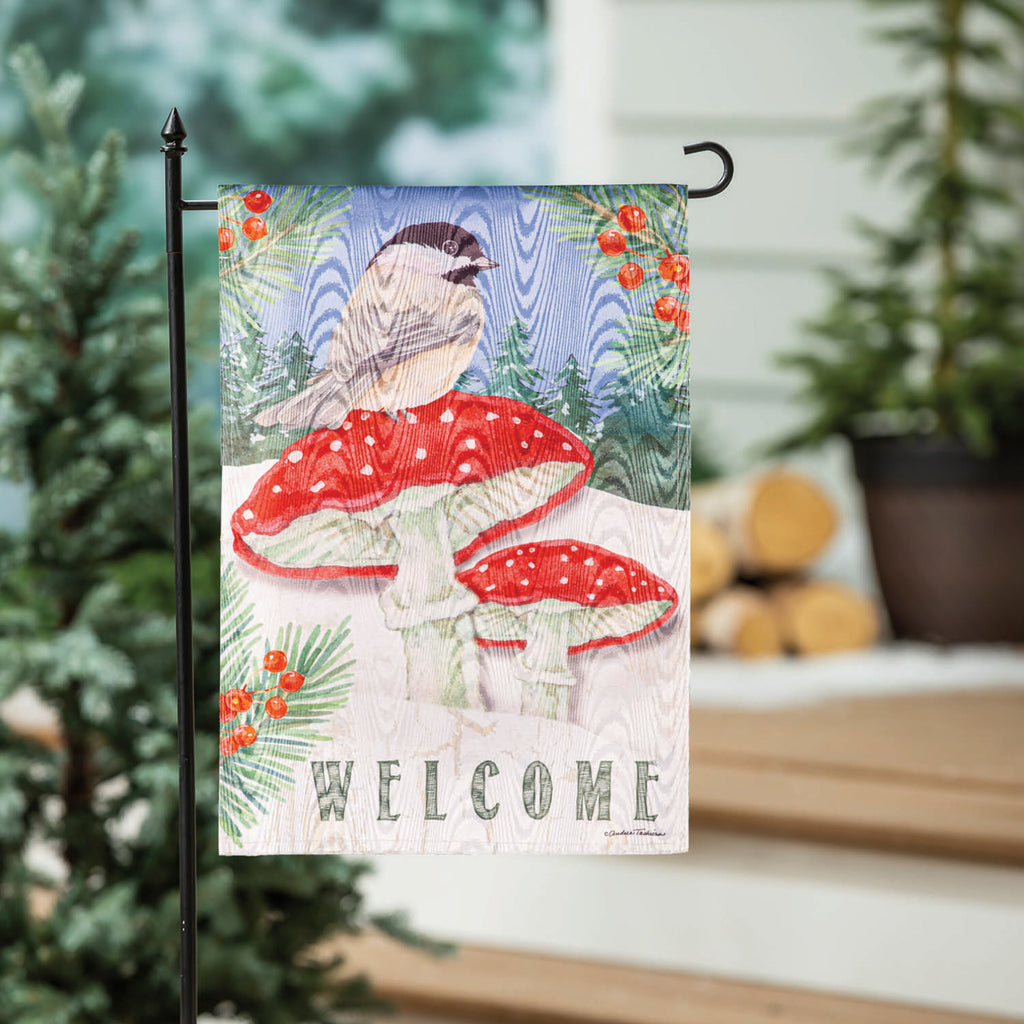 Chickadee and Winter Moire Garden Flag