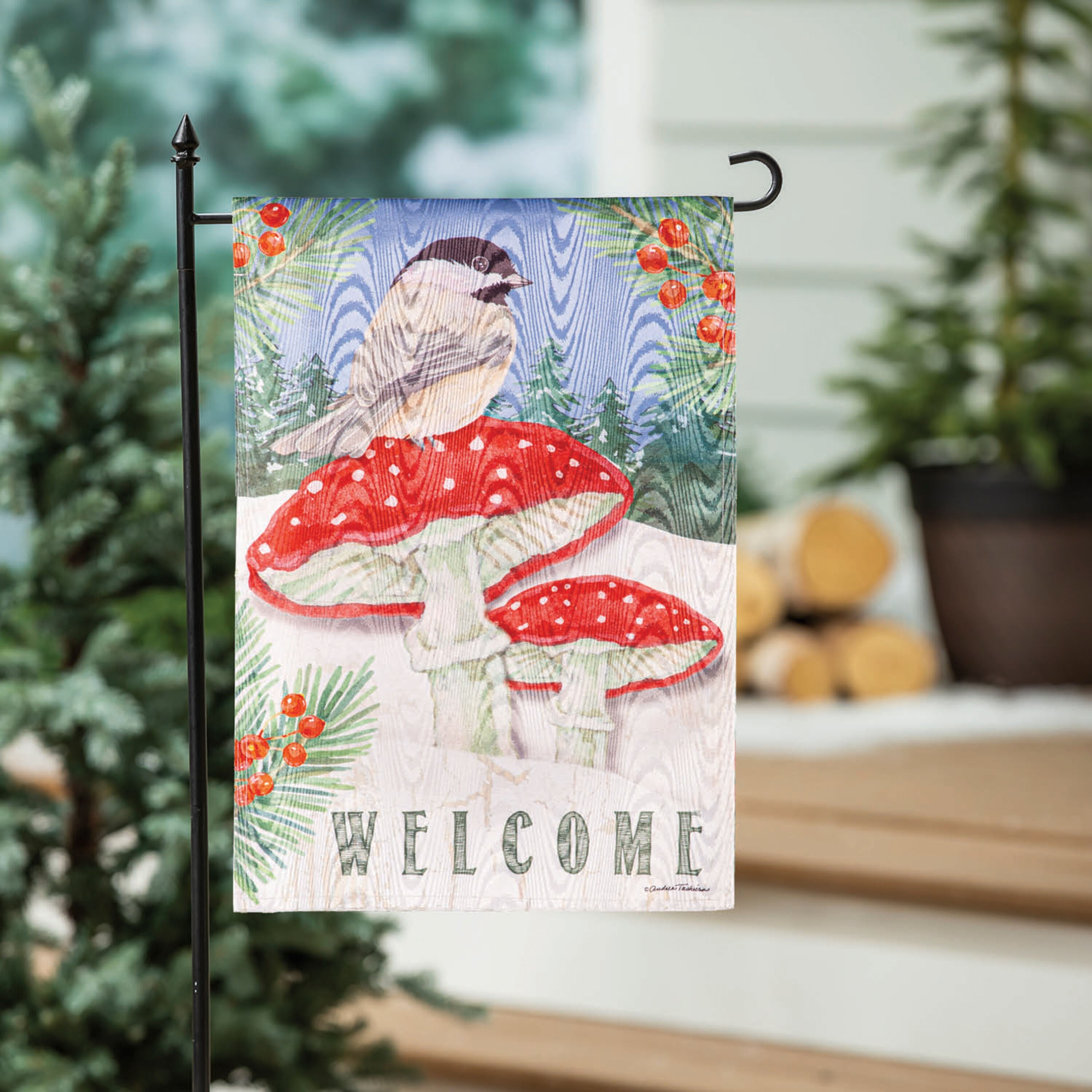 Chickadee and Winter Moire Garden Flag