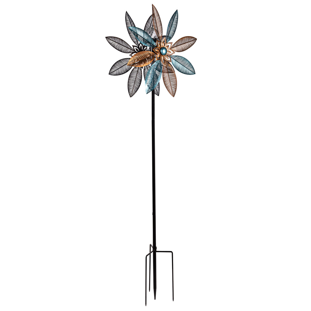 Metal Solar Wind Spinner, Copper and Turquoise Pedal Flower, 75"H