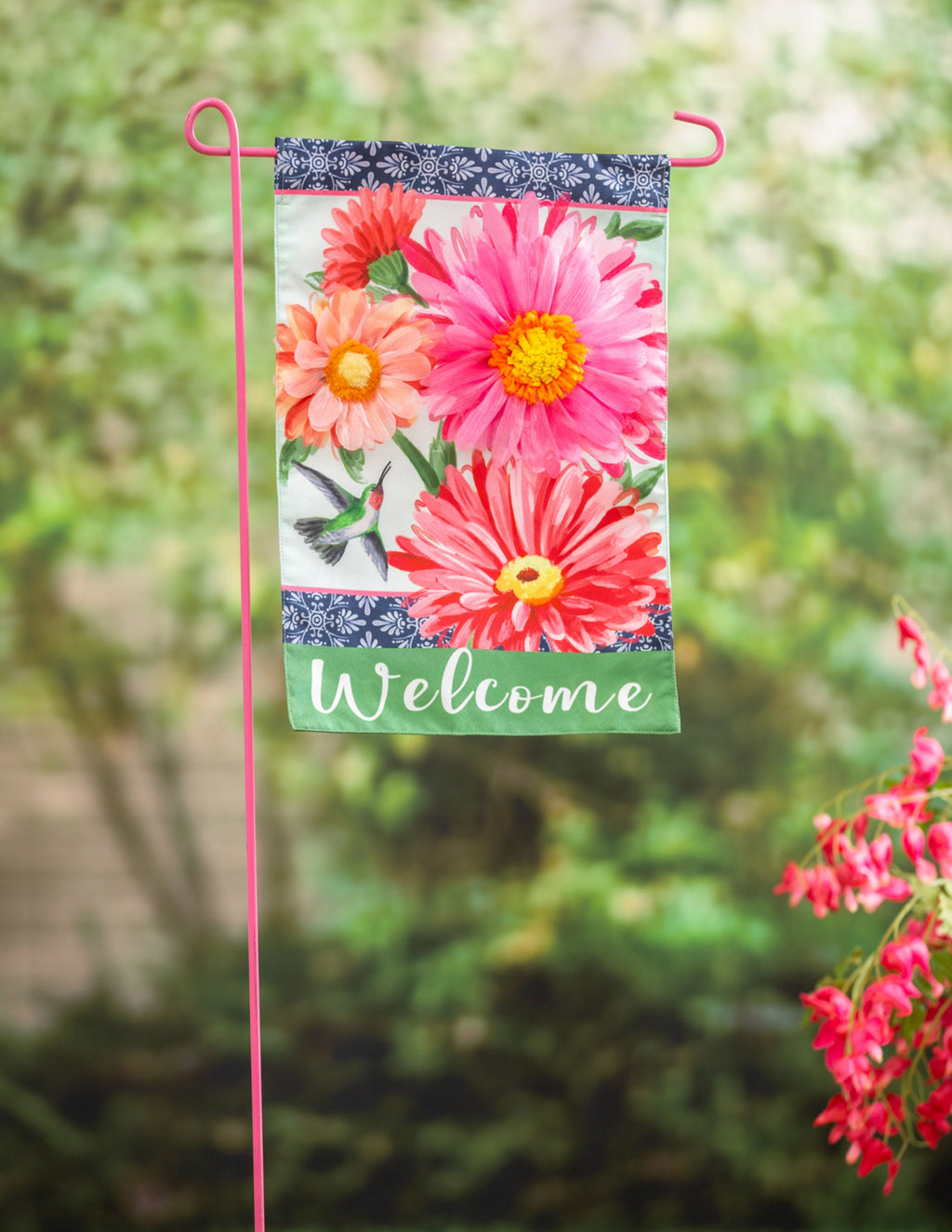 Gerberas and Hummingbird Garden Linen Flag