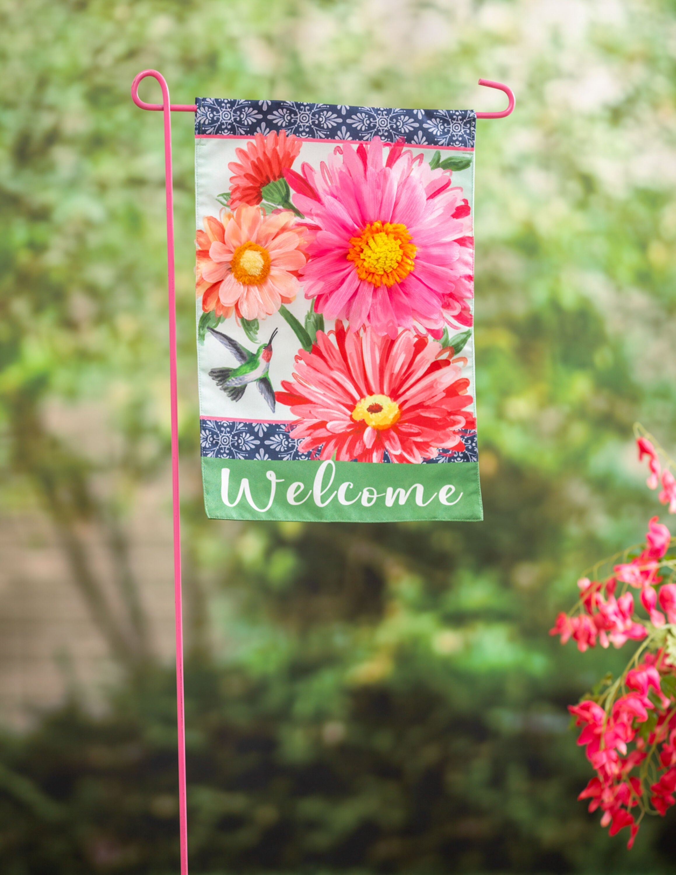 Gerberas and Hummingbird Garden Linen Flag