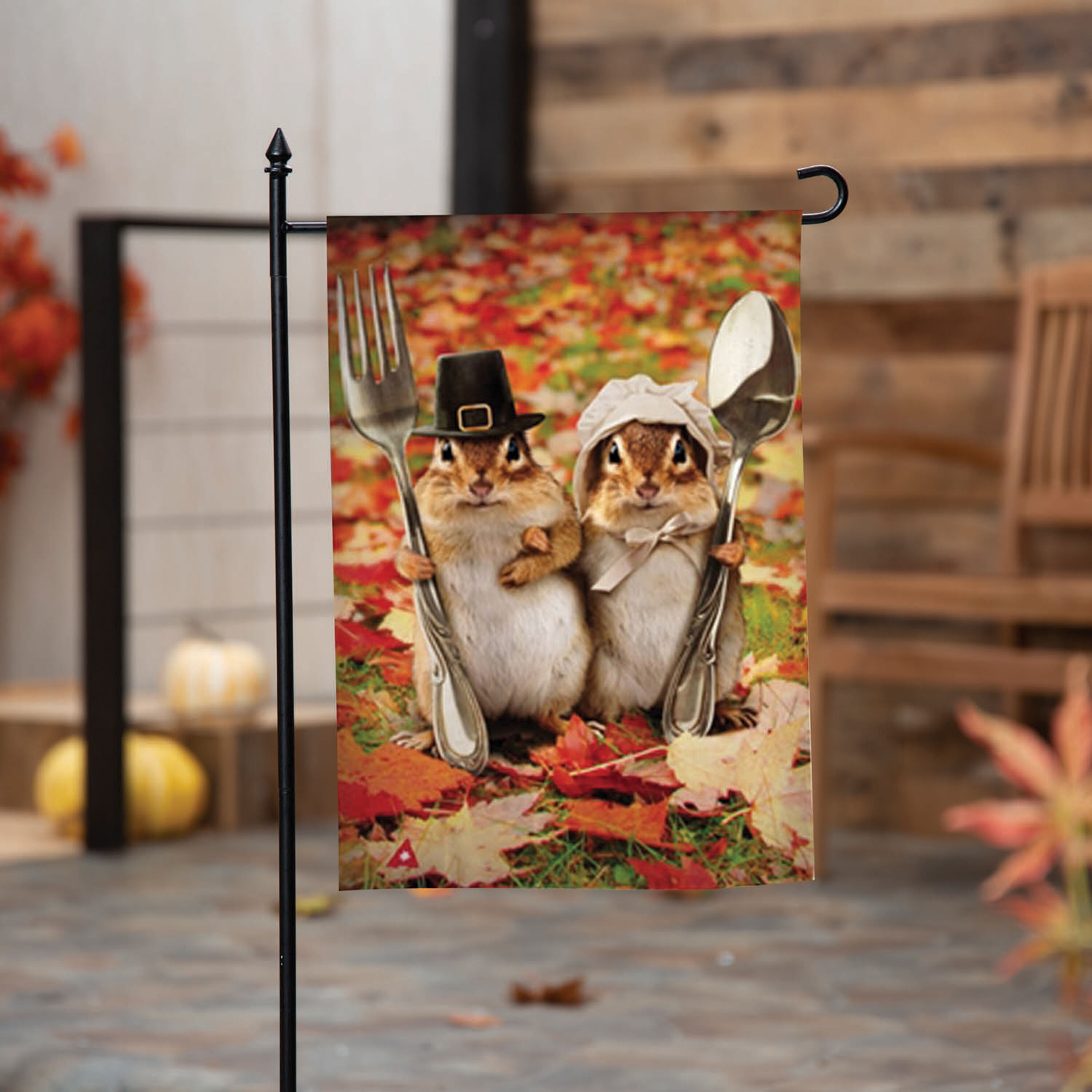Thanksgiving Gothic Chipmunks Garden Satin Flag