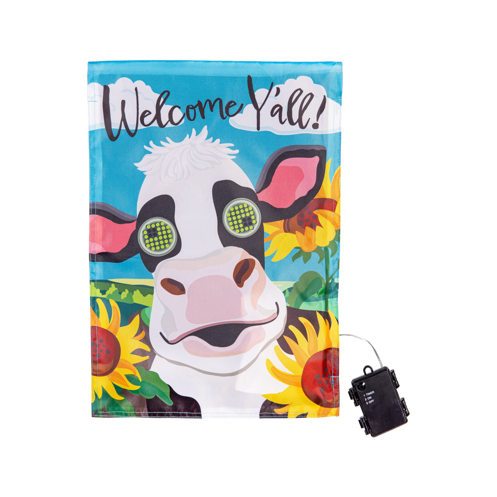 Animated Welcome Y'all Cow Applique Lighted Garden Flag