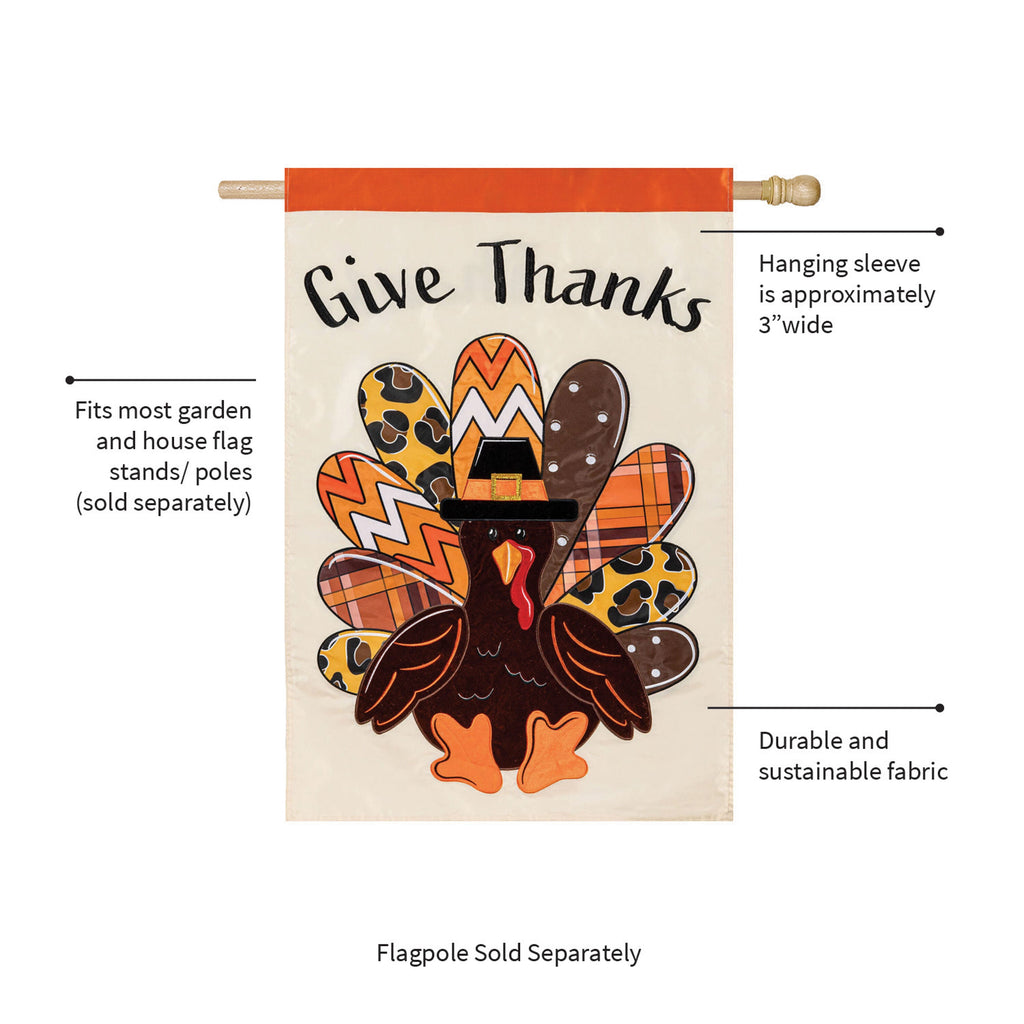 Give Thanks Patterned Turkey Applique House Flag