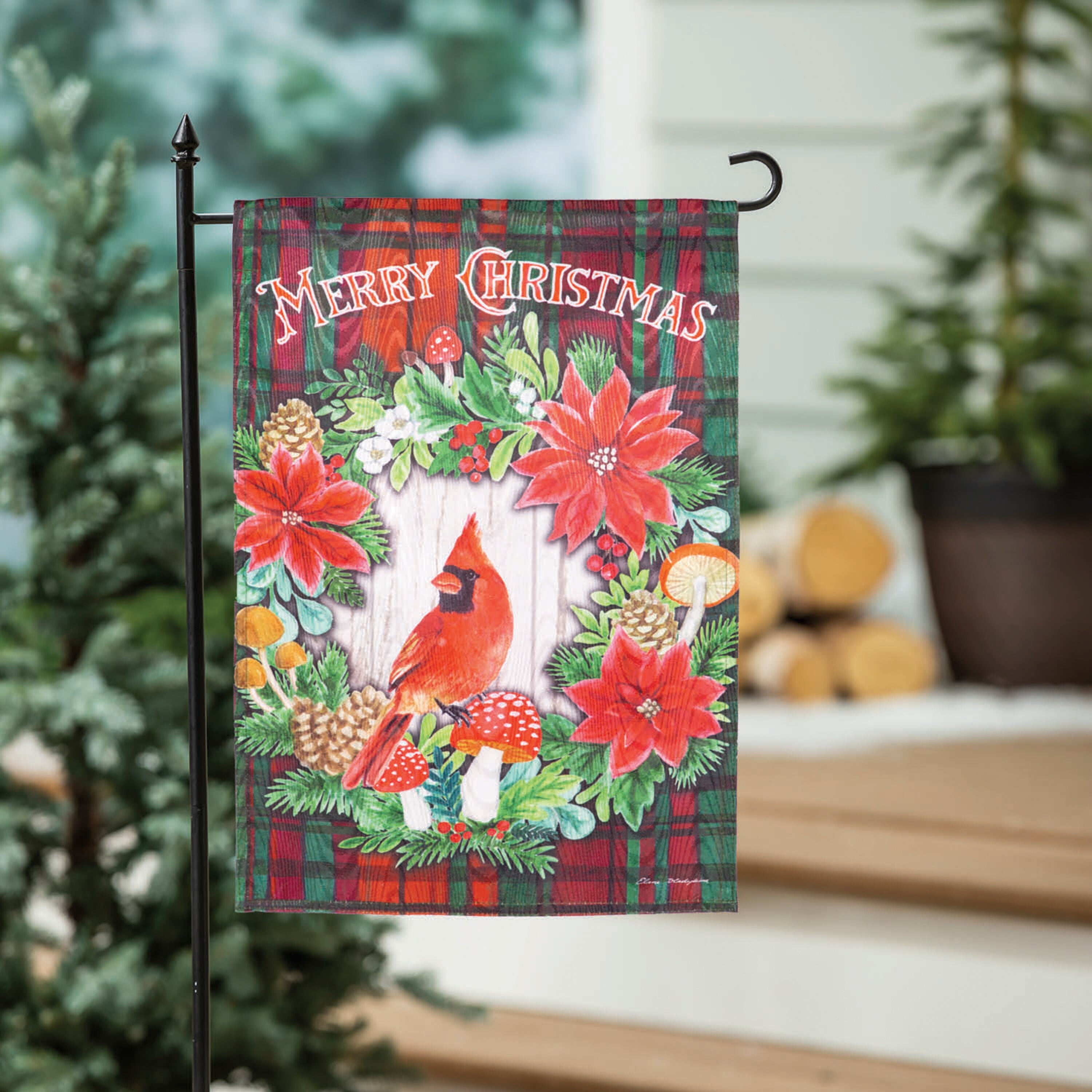 Merry Christmas Cardinal Moire Garden Flag
