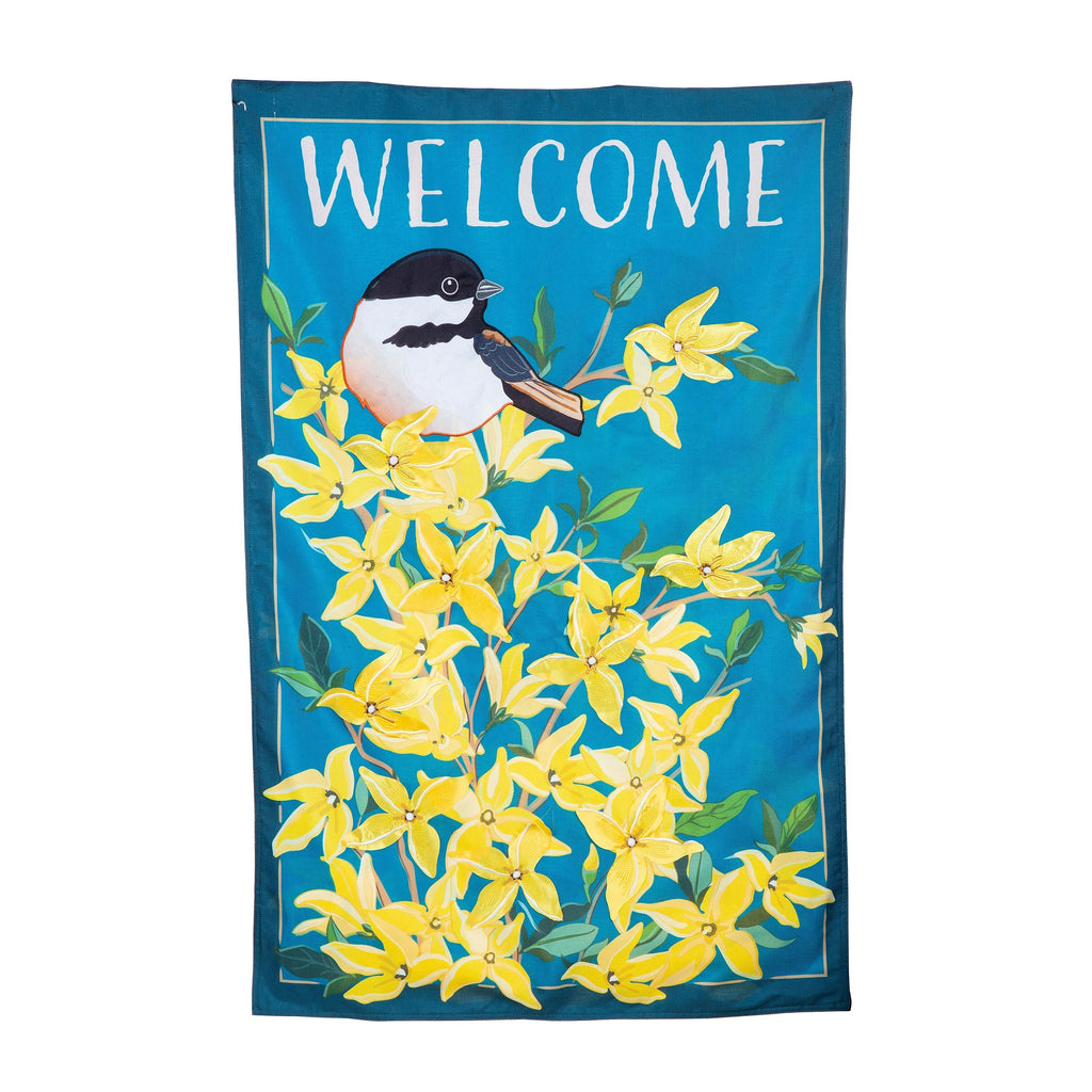 Forsythia and Chickadee Estate Size Embellished Burlap Flag